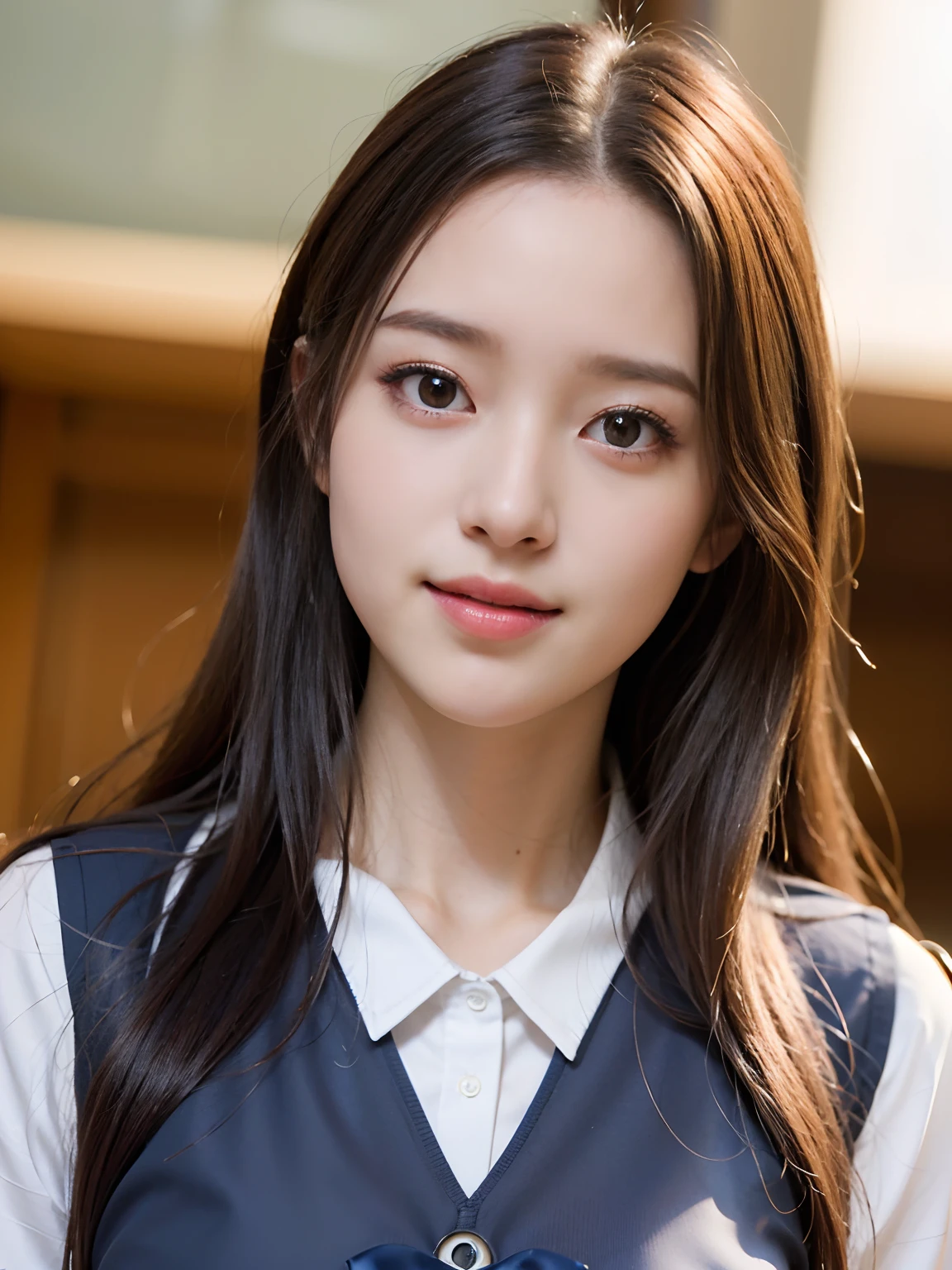 (Gray background: 1.5), (Photorealistic: 1.4), (Best quality: 1.0), (Ultra High Definition: 1.0), 8K, RAW photography, (Masterpiece: 0.2), 1 girl, Beautiful skin, Fine skin, Full smile, Teeth, (Uniform: 1.5), touch hair