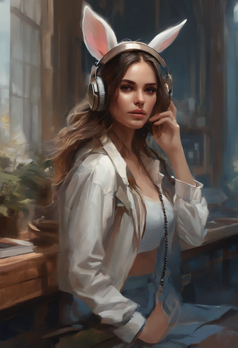 Perfect centering, Cute little bunnies everywhere, Wear a student jacket, Wearing sunglasses, Wearing headphones, Standing position, Abstract beauty, Centered, Looking at the camera, Facing the camera, Approaching perfection, Dynamic, Moonlight, Highly detailed, Digital Painting, art  stations, concept-art, Smooth, Sharp Focus, 8K, hight resolution, Illustration, art by carne griffiths and wadim kashin, White background