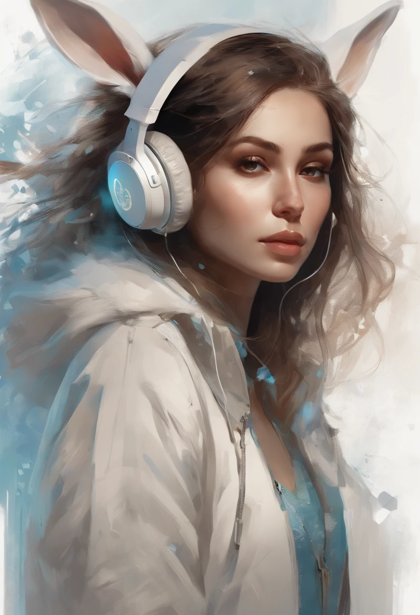Perfect centering, Cute little bunnies everywhere, Wear a student jacket, Wearing sunglasses, Wearing headphones, Standing position, Abstract beauty, Centered, Looking at the camera, Facing the camera, Approaching perfection, Dynamic, Moonlight, Highly detailed, Digital Painting, art stations, concept-art, Smooth, Sharp Focus, 8K, hight resolution, Illustration, art by carne griffiths and wadim kashin, White background