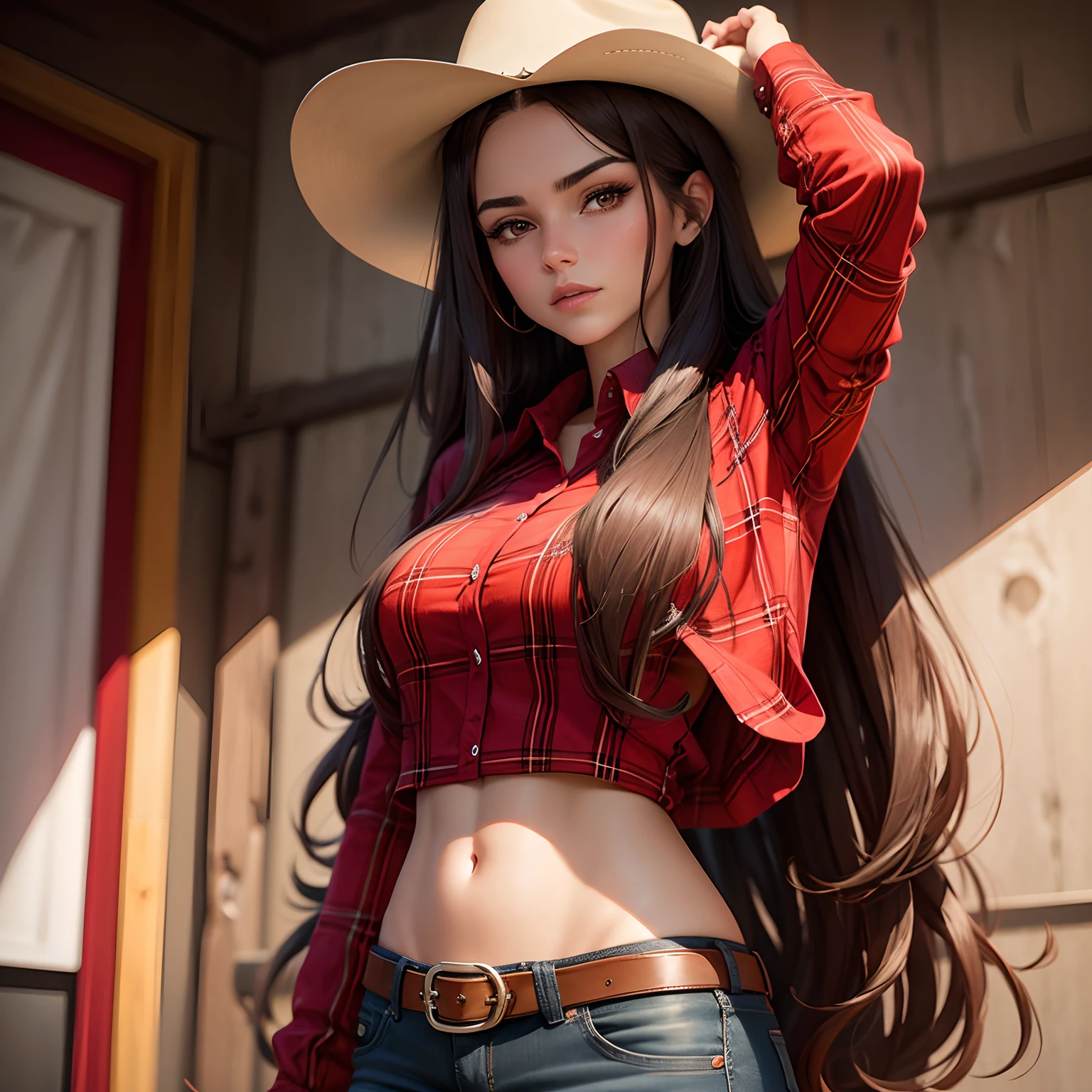 Long hair brunette cowgirl in red and black plaid shirt in western background