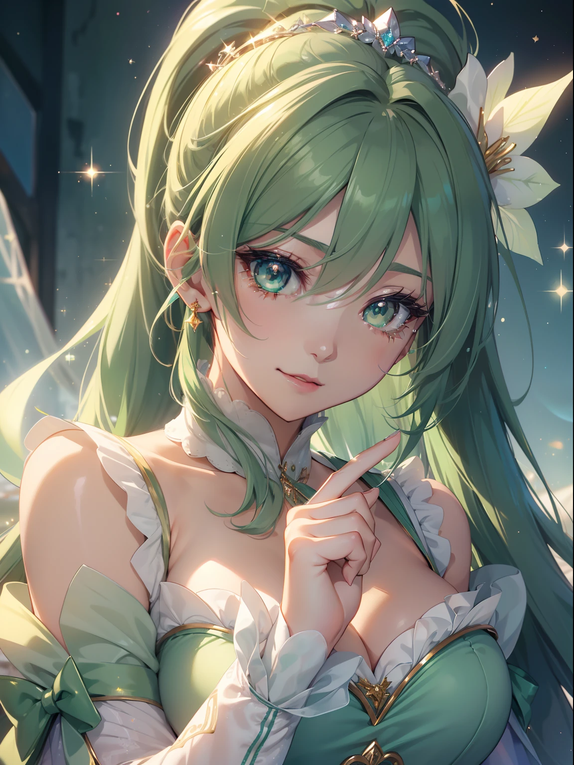 masutepiece, High resolution, 8K, anime woman, Delicate and detailed writing 、Detailed digital illustration、absurdly long hair、(((Ponytail)))、Shiny hair、a very beautiful woman、Eyes are double, Large,Little hanging eyes、 Bust E Cup、High image quality, High quality、Detailed background、((Wizard Background))、The inside of the eye shines like a diamond、(((Dark green hair)))、Gradient pupil、(((2 arms、4 fingers, 1 thumb)))、Detailed female face、a very beautiful woman、、细致背景、masterpiece、Soft Focus , Bright gradient watercolor , Lens Flare , (((Glitter))) , Glow , Dreamy ,a miniskirt、Idol、Light Green Ribbon、Very beautiful light green rose hair accessories、Light green and gold costume with white as the main color、((Macroface))、(Cool Girl).Tall lady、Dignified.((No bangs))、Eyes with blue gradient glow、Full smile、(((Face Close-up)、Cinderella、Glass shoes