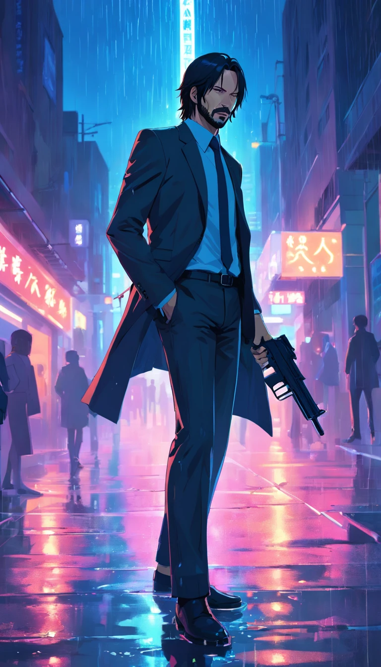 John Wick 1 man with a silenced pistol，Embarrassed，Walk in the rain，The right hand holds the place where the left hand is injured，Black suit, Soaked by the rain，City, Neon lights, Night