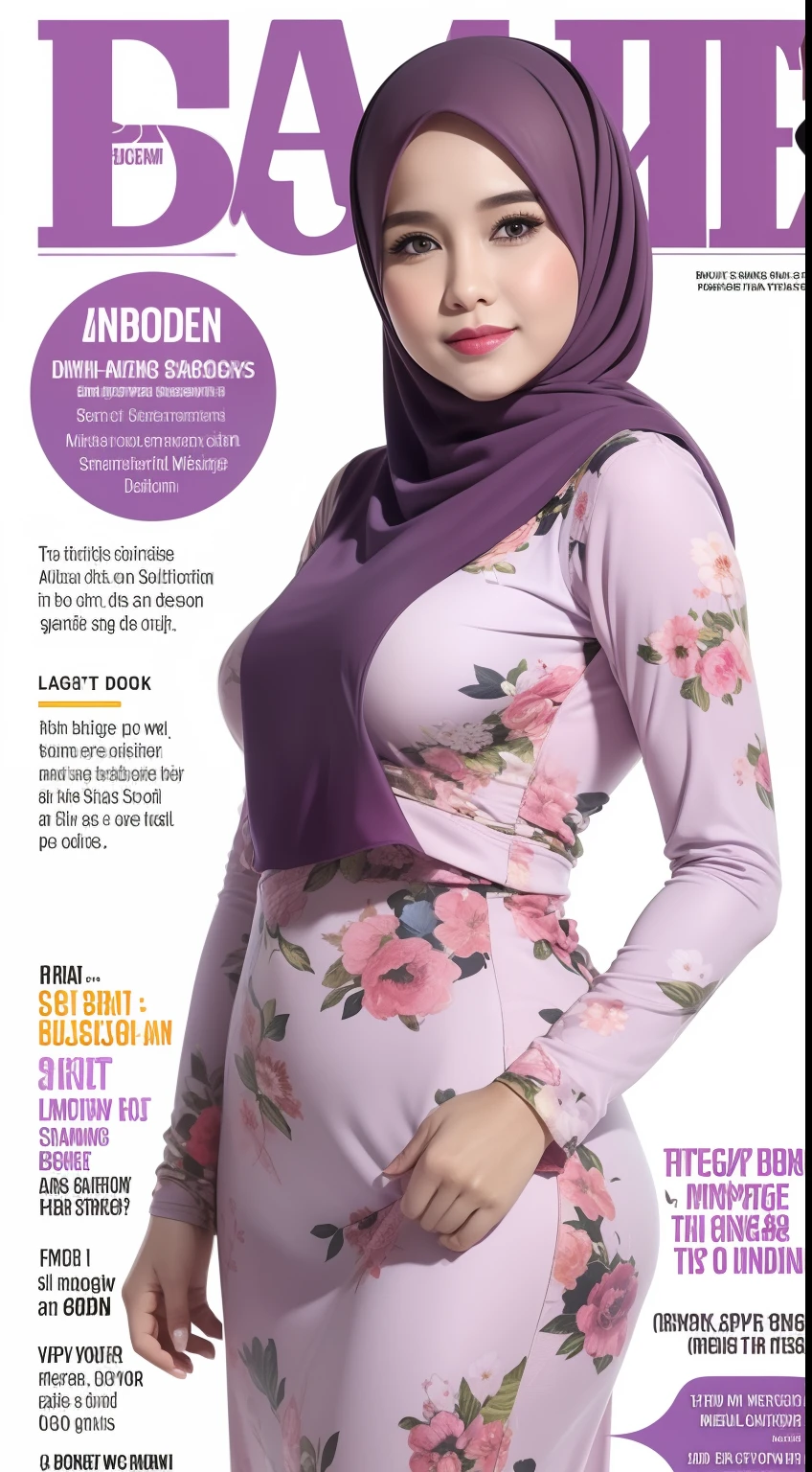 Magazine Cover, floral pattern print baju kurung, lilac color, Side Chest, ( long Sleeve:1.2), ,From the side, hijab, medium breast, big hips, thick thigh, slim, intan najuwa wear hijab,