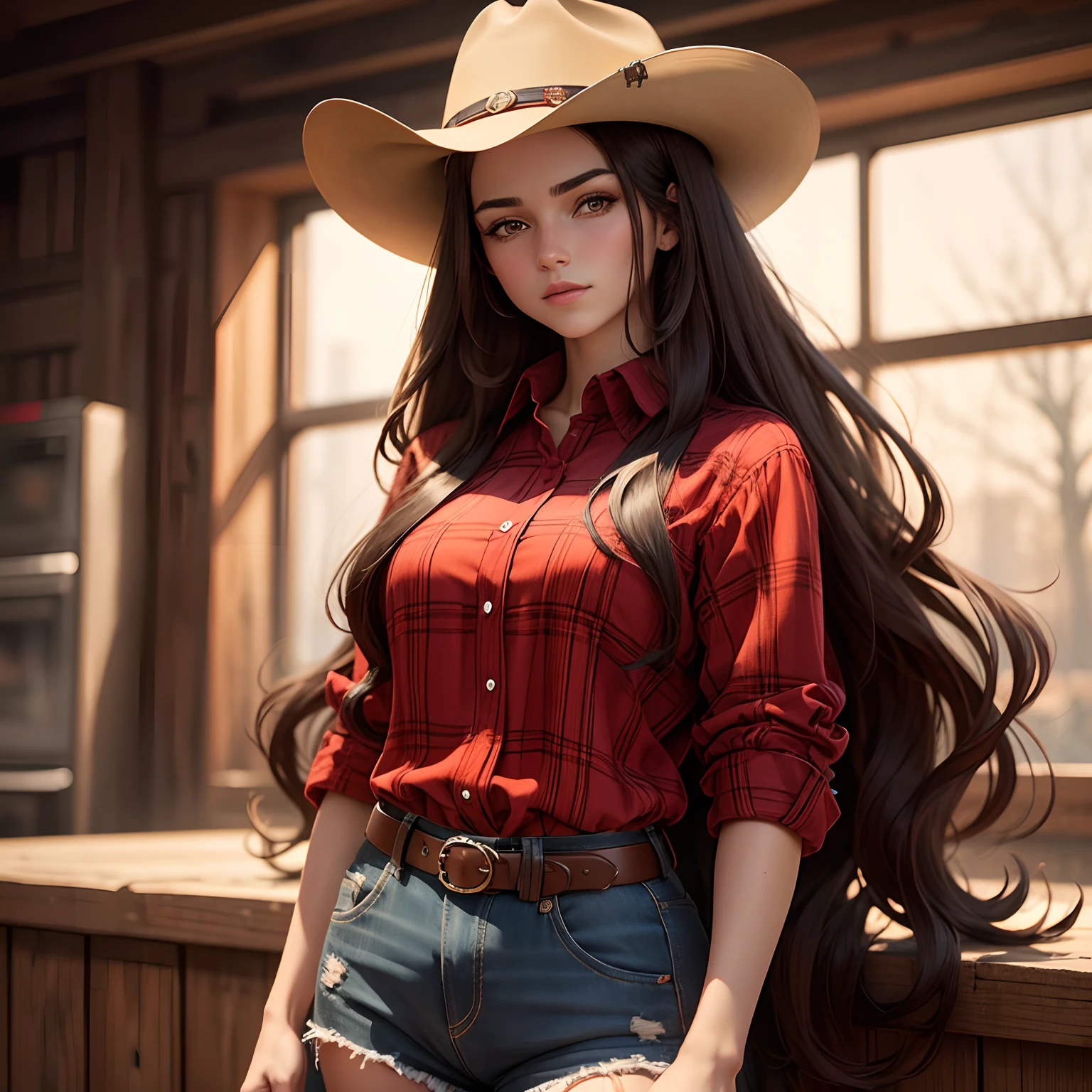 Long hair brunette cowgirl in red and black plaid shirt in western background