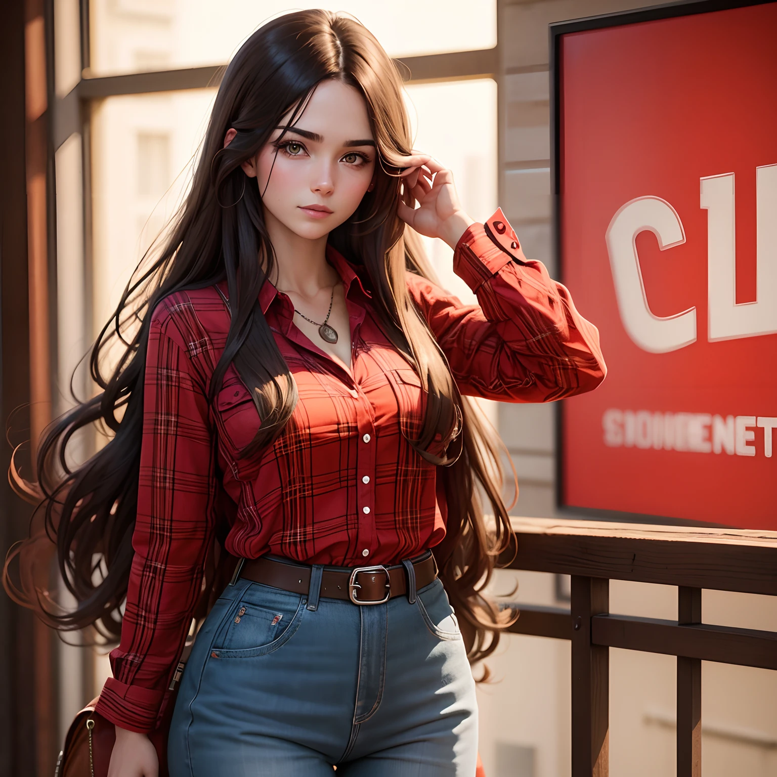 Long hair brunette cowgirl in red and black plaid shirt in western background