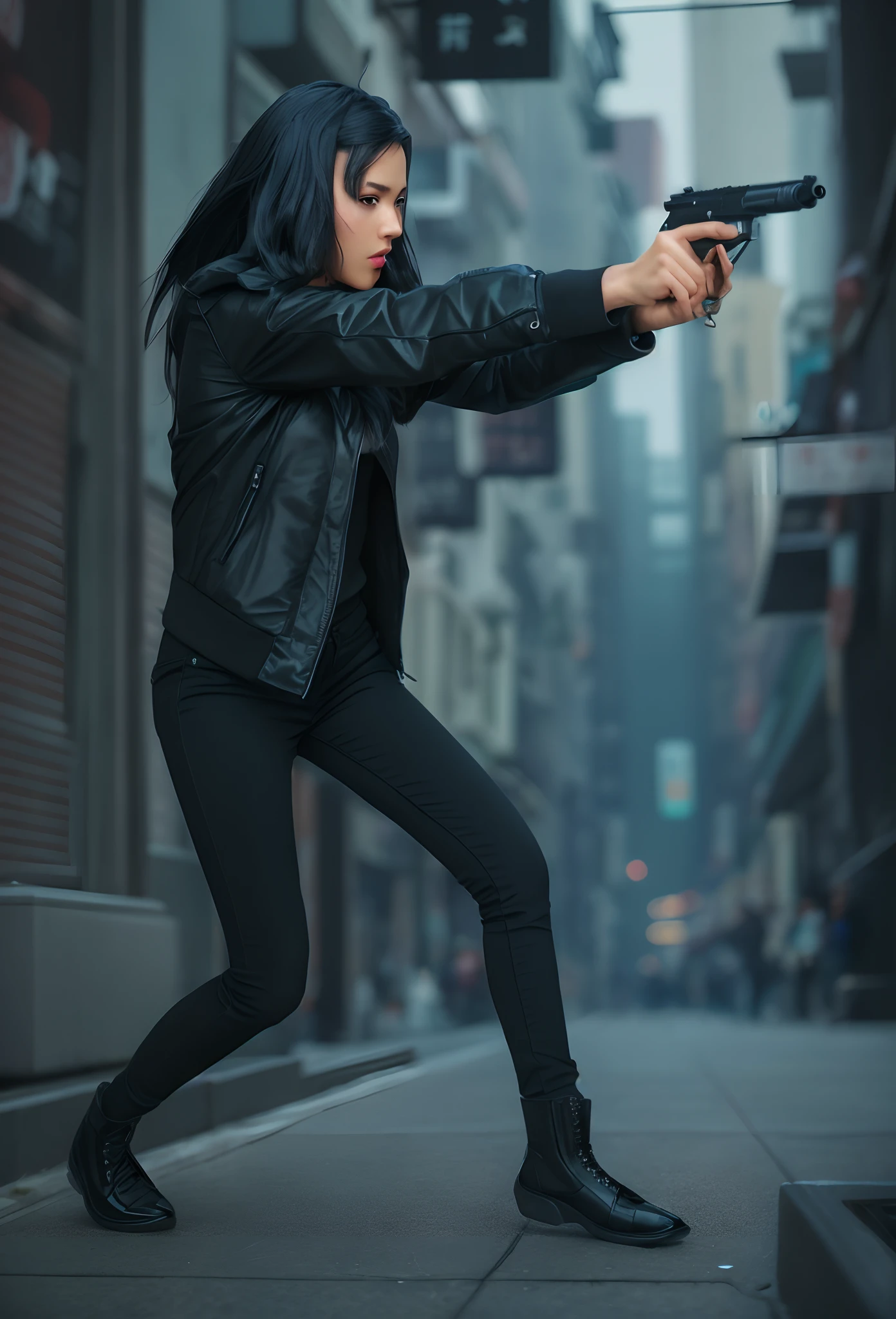 arafed woman in black jacket holding a gun and pointing it, full body action pose, shooting pose, action pose, distorted pose, in an action pose, fighting pose, action glamour pose, t pose, t - pose, t-pose, fight pose, dynamic action pose, casual pose, battle pose, cinematic full body shot, dramatic wielding gun pose, new york chinatown street backdrop