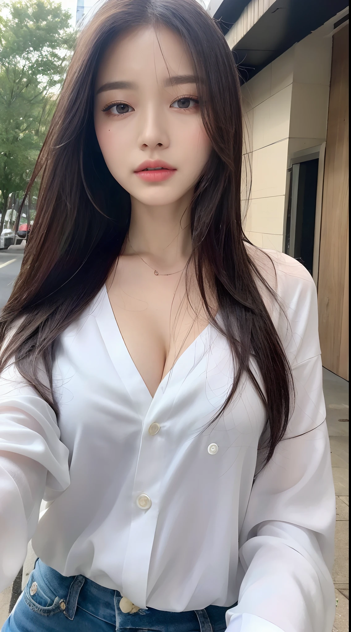 ((top-quality、8K、​masterpiece：1.3))、Crisp focus：1.2、Beautiful Women in Perfect Style：1.4、Slender Abs：1.2、((dark brown hair、Colossal tits：1.2))、(White button-up long shirt:1.1)、Street:1.2、Highly detailed facial and skin texture、A detailed eye、二重まぶた、tits out、tits out、tits out