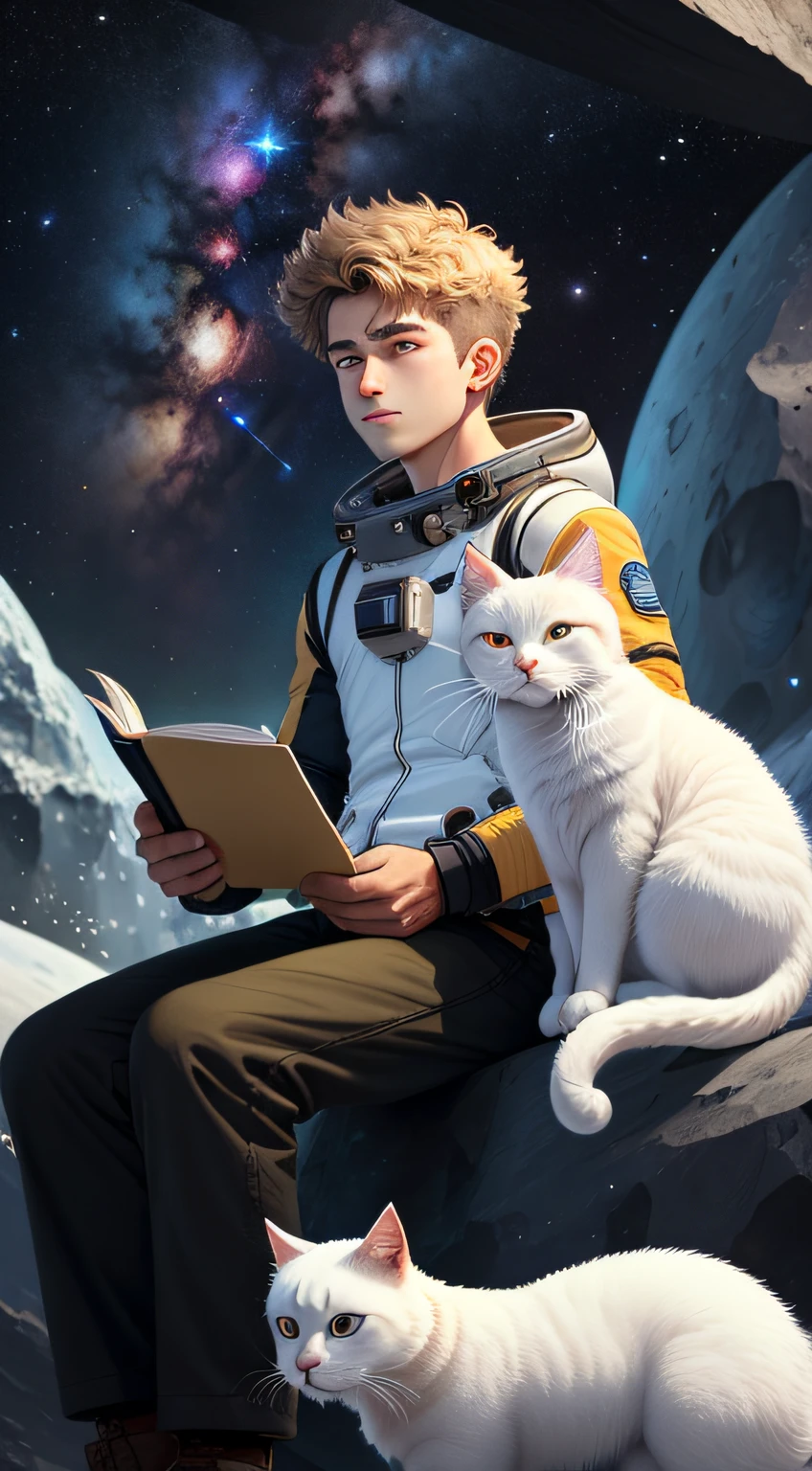 Draw a young programmer，Holding a cute white cat，Sit on a research platform floating in the middle of the asteroid belt。He was studying with a notebook，Surrounded by several asteroids that emit fiery rings。Dramatic illuminations from distant stars and planets illuminate the scene，A deep shadow was cast on the spacesuit。The young man looks confident and determined，Look at the vast and mysterious universe with amazement and respect，Full beard，cowboy lens，Holding a white cat