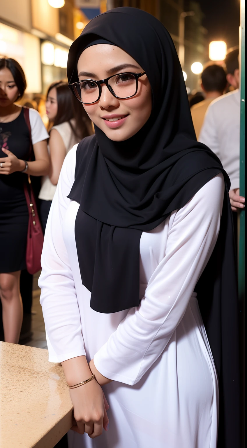 Portrait photo of a young modest malay girl in hijab try to communicate viewer, shy pose, malaysian, nerd, pastel colour baju kurung, glasses, posing, look at a camera, cute dimple, big front teeth, slim and slander, skinny, full body, black hijab, night city background, backlit, (cinematic:1.5), epic realistic, hyper detailed, soft freckles skin, mole below eye, insane details, intricate details, accent lighting, soft volumetric light, bokeh, (dramatic light:1.2), (neutral colors:1.3), cross process, night busy crowded city background, (shy pose), looking at the viewer, smiling, (eye contact)