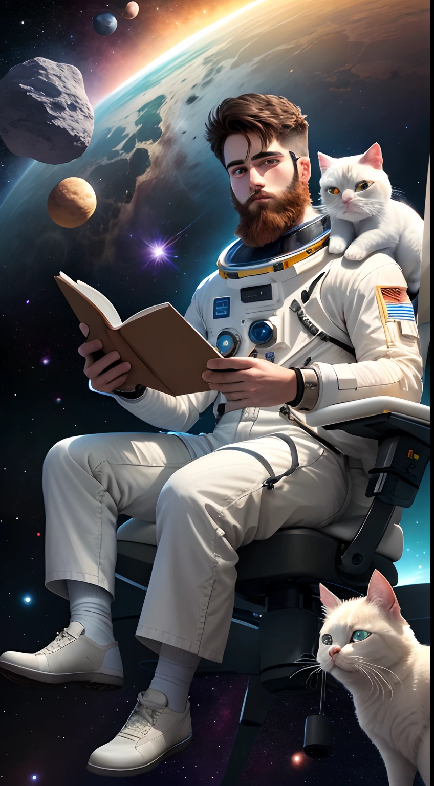 Draw a young programmer,Holding a cute white cat,Sit on a research platform floating in the middle of the asteroid belt。He was studying with a notebook,Surrounded by several asteroids that emit fiery rings。Dramatic illuminations from distant stars and planets illuminate the scene,A deep shadow was cast on the spacesuit。The young man looks confident and determined,Look at the vast and mysterious universe with amazement and respect,Full beard,cowboy lens,Holding a white cat