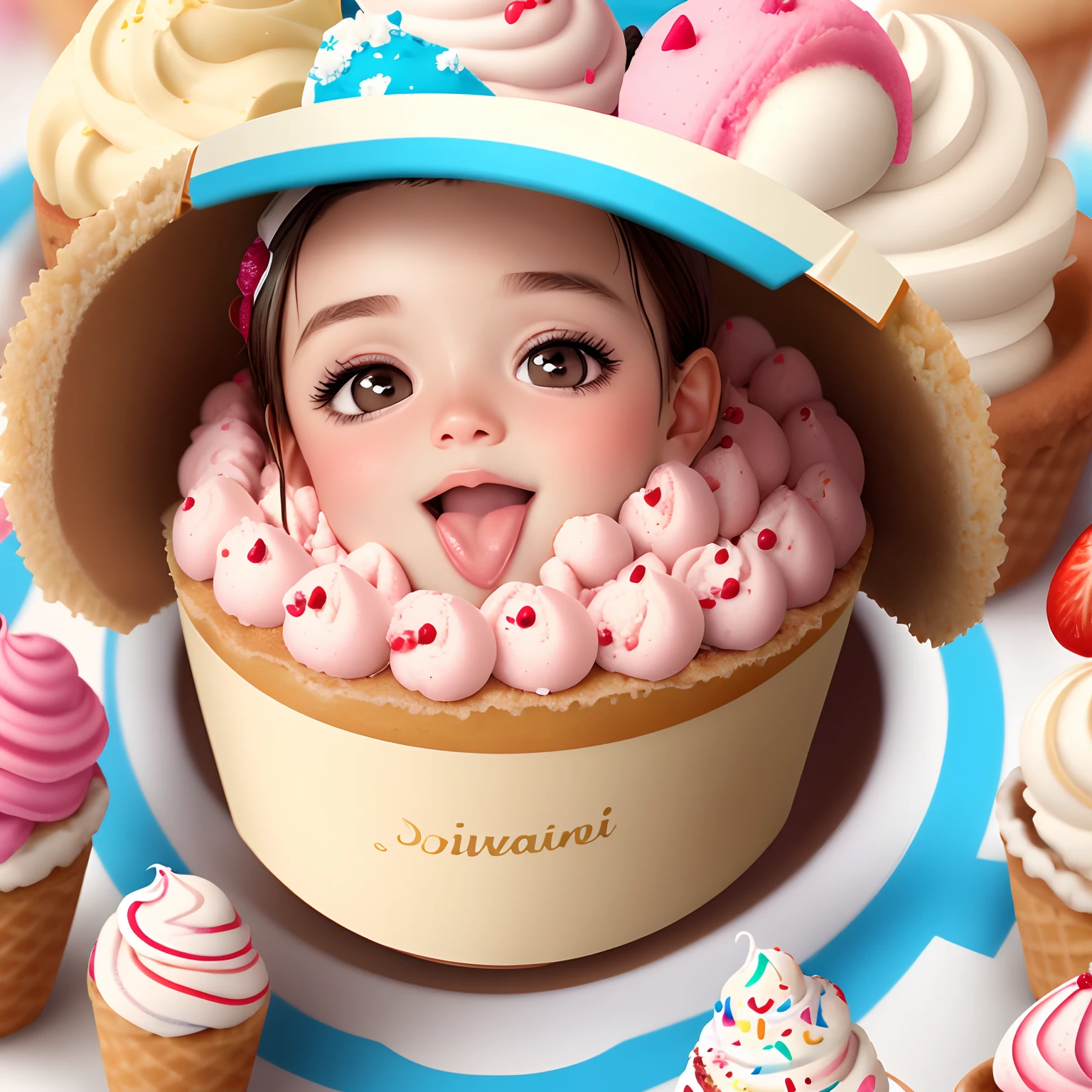 (((Chibi 3D))) (Best Quality) (Master Price) 「Line Stamp, a sticker, icons, Flat , water color, Anime girl eating ice cream, Happy, - Rainbow 5 - Cute Style」
