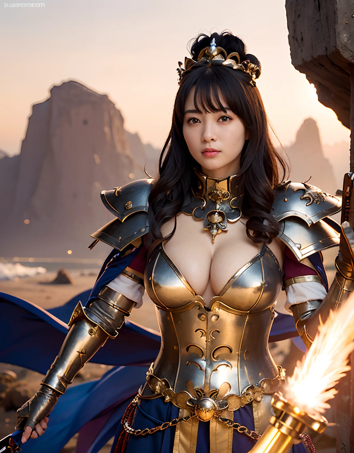 Professional , masterpiece、top-quality、photos realistic , 、top-quality、超A high resolution、(Photorealsitic:1.4)、Raw photo、depth of fields (Gemstone Gold Metal Body:1.9),(Matte White、Toostock、cleavage of the breast、(cleavage of the breast)、(Detailed Dragon Armor)、(Have the strongest weapon)、((Random Hairstyles 1.6),Dark Fantasy,)explosions、intense fighting、(Precipitous cliffs),Dragon Gold Weapon,Mystical expression、Particles of light、Fight dragons、(Detailed Dragon Helmet),Gorgeous Silver Weapons ,(( Dragon's dense and gorgeous sword)) , Beautiful knife ,warhammer 40k ,Detail and gorgeous crown、((Blue hair))、(Castle background)、、((Gangle's forest background))、Beautiful Caucasian beauty、1a person、dynamic ungle,((()))、Smaller head、A smile、Castle background、Thin and beautiful female hands、cleavage of the breast、Soldier in iron armor on background、Mystical expression、Light Effects、intense fighting、Wind-effect、magic circles、With the legendary magic wand、(demonic wings)、Toostock、