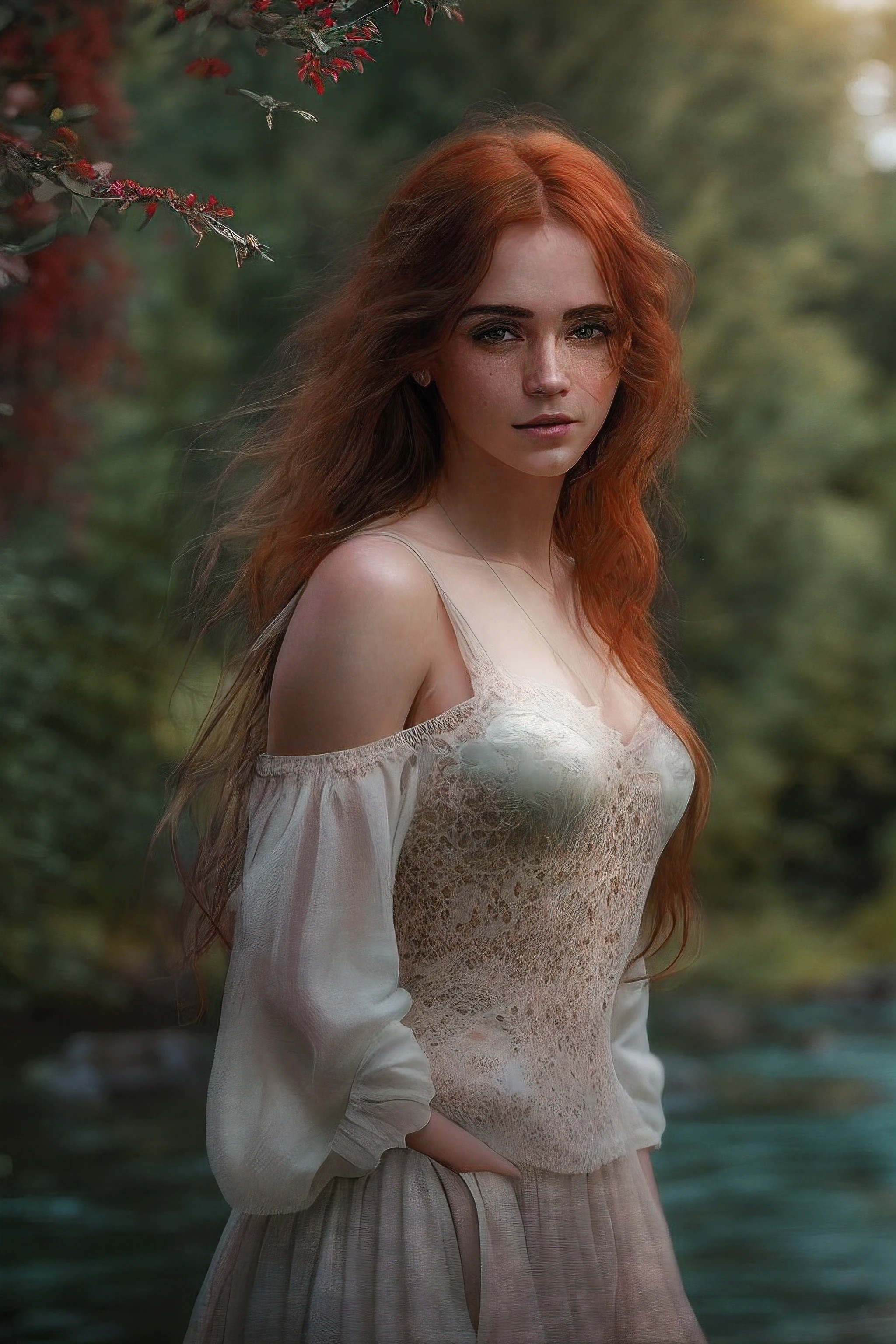 Masterpiece, (((full figure supermodel, full body shot, entire body in frame))), (((magical lighting action shot))) (((beautiful redhead fit pale smiling goddess Scottish woman kneeling in river garden in a park, arms covering flat chest, arms across small chest, arms folded))), (((micro outfit, looking into the camera))) , ((( redhead hair, accurate hands accurate eyes))) moody lighting, very detailed, dramatic lighting, digital art trending on Artstation 8k HD high definition detailed realistic, detailed, skin texture, hyper detailed, realistic skin texture, armature, best quality, ultra high res, (photorealistic:1.4), high resolution, detailed, raw photo, sharp re, nikon d850 film stock photograph 4 kodak portra 400 camera f1.6 lens rich colors hyper realistic lifelike texture dramatic lighting unrealengine trending on artstation cinestill 800, (((accurate female anatomy, perfect eyes))) (((500px, fstoppers, photosight.ru, iso noise))) portrait of beautiful women, looking over spruce forest, moody portrait, striking features, beauty, intricate details, dramatic composition, tension, wispy hair, blue eyes, contrast, texture, realism, high-quality rendering, stunning art, high quality, film grain, Fujifilm XT3, acne, blemishes, detailed skin, freckled
