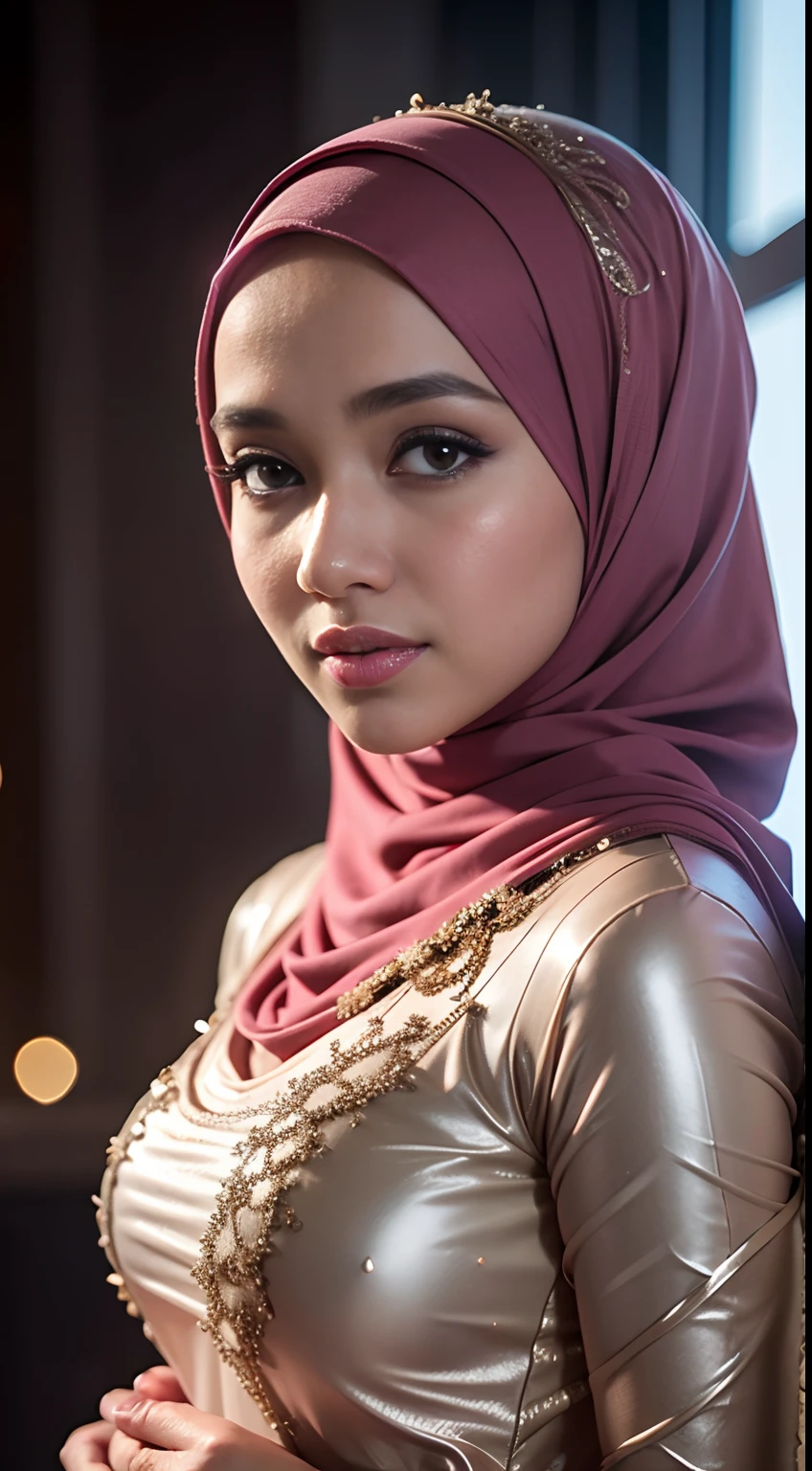 1 malay girl , modern plain hijab, shy, medium portrait shot , watery eyes , light glowing particles, wearmodern Indonesian bridal kebaya dresses, big breast, pink light bokeh background, proportional body,