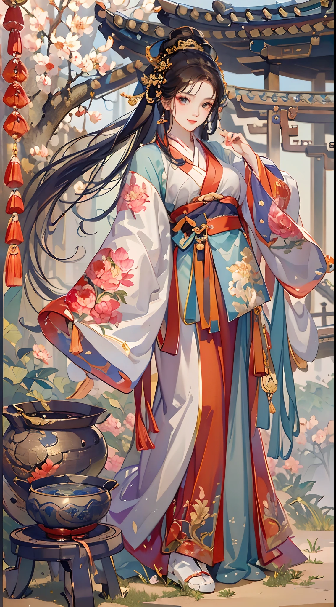 Chinese Ancient Times，Tavern hostess，Owner's，red color Hanfu，Beautiful hair accessories，standing on your feet，frontage，looking toward the viewer，full bodyesbian，Dignified standing，ssmile，The spring breeze is full of petals，Bigchest，Bare thighs，Full-figured