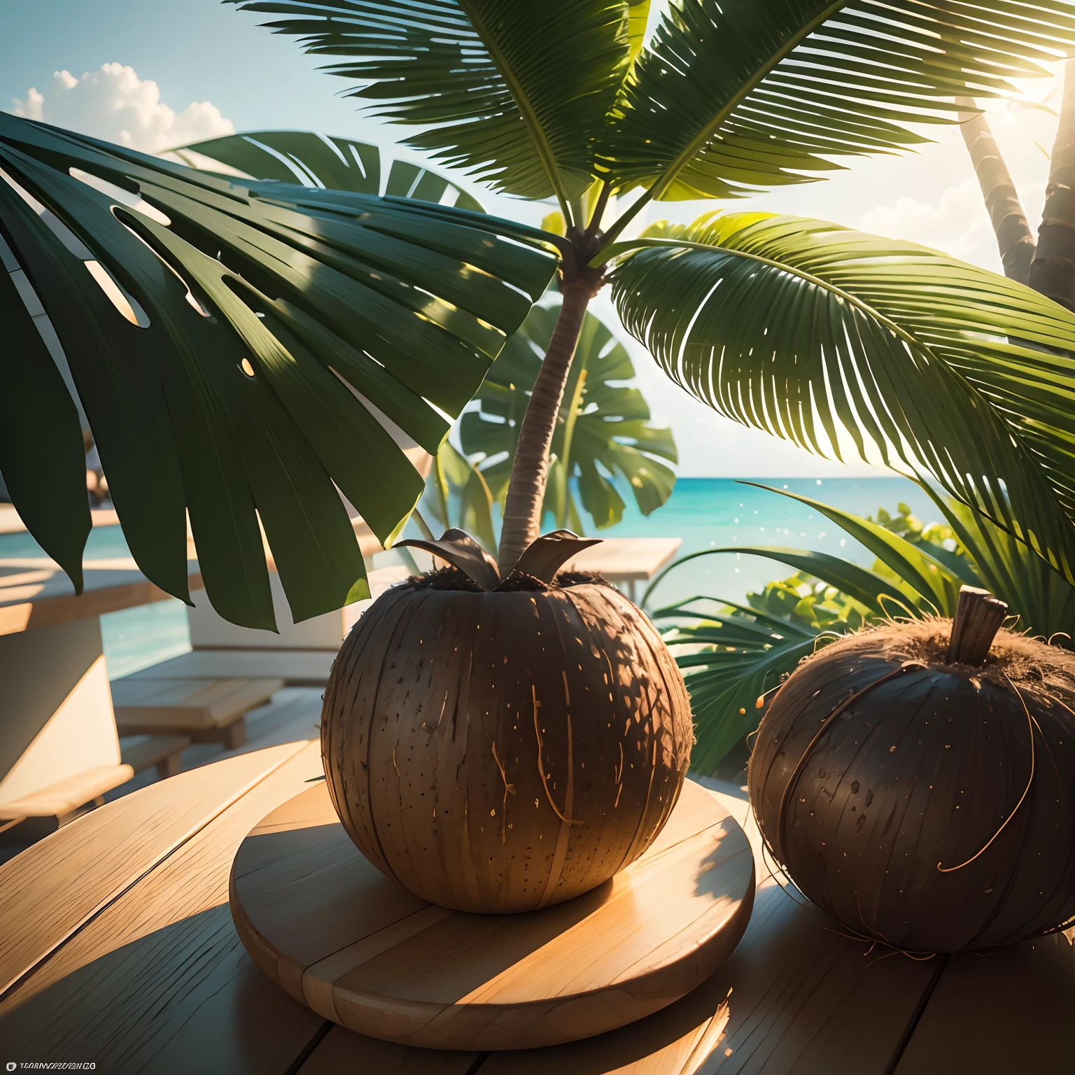 A realistic 4K image of a yellow coconut tree. The tree should be the main focus of the image, with its vibrant yellow coconuts prominently displayed. The tree should be surrounded by lush greenery and set against a clear blue sky. The image should feature ultra-detailed and photorealistic rendering, with every leaf and coconut showing intricate textures and colors. The lighting should be natural and bright, simulating the warm glow of sunlight. The overall color tone of the image should be vibrant and saturated, highlighting the tropical nature of the scene.