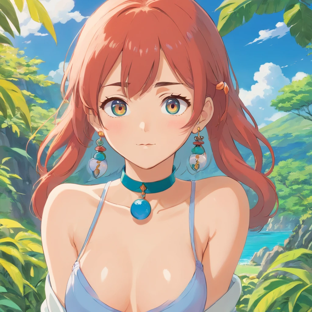 Una chica con un collar de anime, un collar largo y pendientes, al estilo de los tranquilos jardinescabos, Colorful animation stills, Masami Teraoka, aguamarina, Paul Gauguin, Estilo Embry, Sensual representation,desnuda,cuerpo completo,senos perfectos, vagina,sexy.