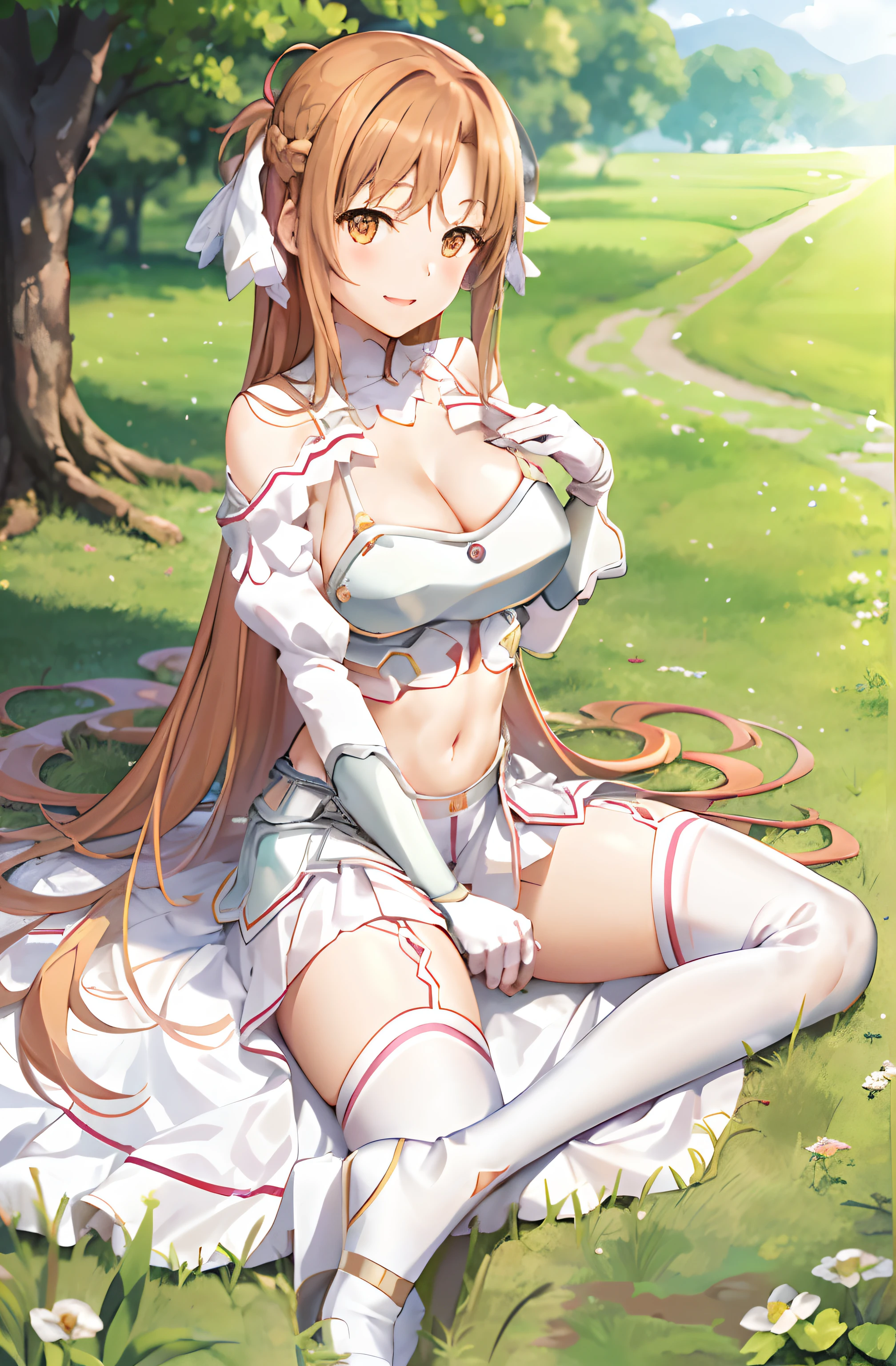 stacia, asuna, asuna_\(sao\), 1girl, (sexy pose:1.2), fantasy, highres,  original, realistic, (excite), scenery,  close_up, upper_body, (sit on a grass), smiling, solo, (potruding nipple:1.2), long hair, (huge breasts:1.0), looking at viewer, smile, open mouth, bangs ,detailed eyes, beautiful background, (forrest), hands on the chest, orange hair, (spread legs:1.3), thighhighs, gloves, dress, (cleavage:1.4), bare shoulders, brown eyes, very long hair, standing, (full body:1.5), white gloves,  white dress, (open Breasts:1.5), armor, white thighhighs, garter straps, breeze, white armor,  abec (midriff), (navel)