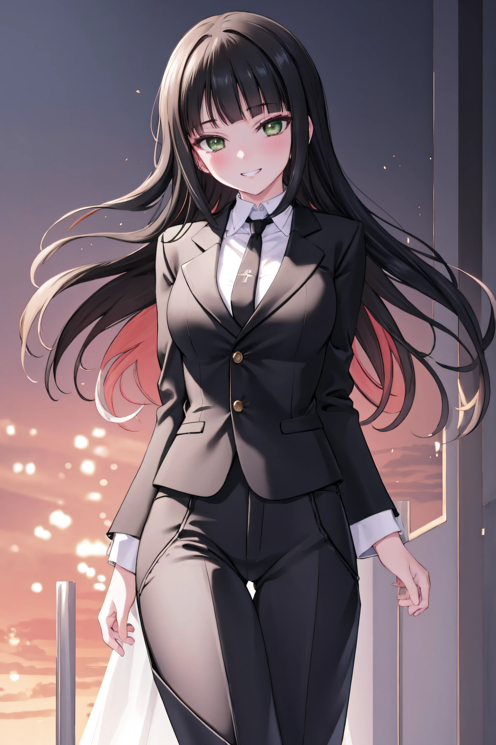 crotchless pants, 1girl, dia kurosawa, black hair, (green eyes:1.5) , shirt, breasts, white gloves,looking at viewer,  black pants,  smile, black necktie, suit,  formal, jacket, large breasts, wine, heart,  black jacket, black panties, collared shirt, long sleeves, , blunt bangs,  business suit, simple background, black tail, cowboy shot, grin,NSFW,official art,extremely detailed CG unity 8k wallpaper, perfect lighting,Colorful, Bright_Front_face_Lighting, (masterpiece:1.0),(best_quality:1.0), ultra high res,4K,ultra-detailed, photography, 8K, HDR, highres, absurdres:1.2, Kodak portra 400, film grain, blurry background, bokeh:1.2, lens flare, (vibrant_color:1.2) (Beautiful,medium_Breasts:1.4), (beautiful_face:1.5),(narrow_waist),(perfect hands, perfect anatomy)