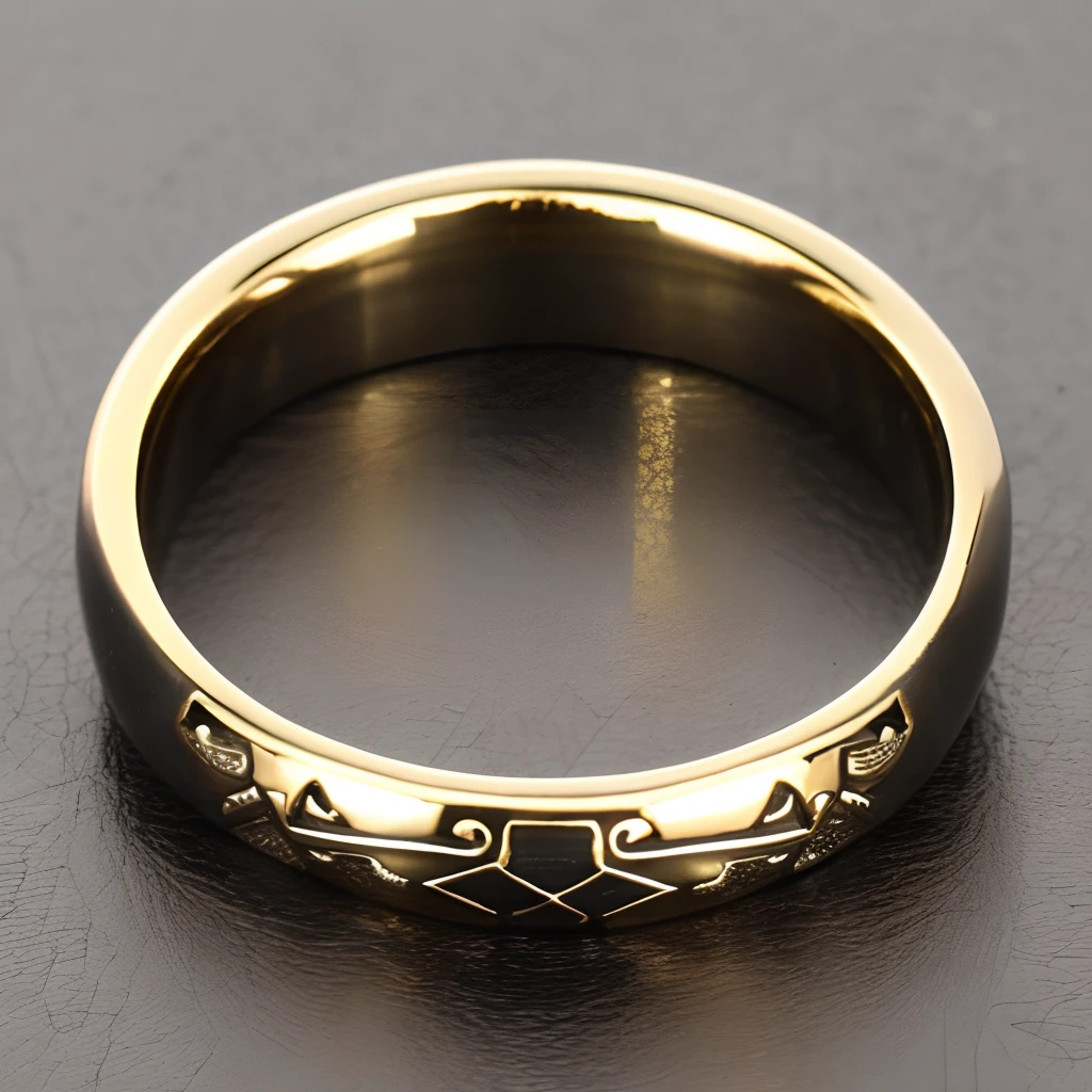 A metallic ring with a anubis motif is placed on the table, masterpiece, super detail, best quality
