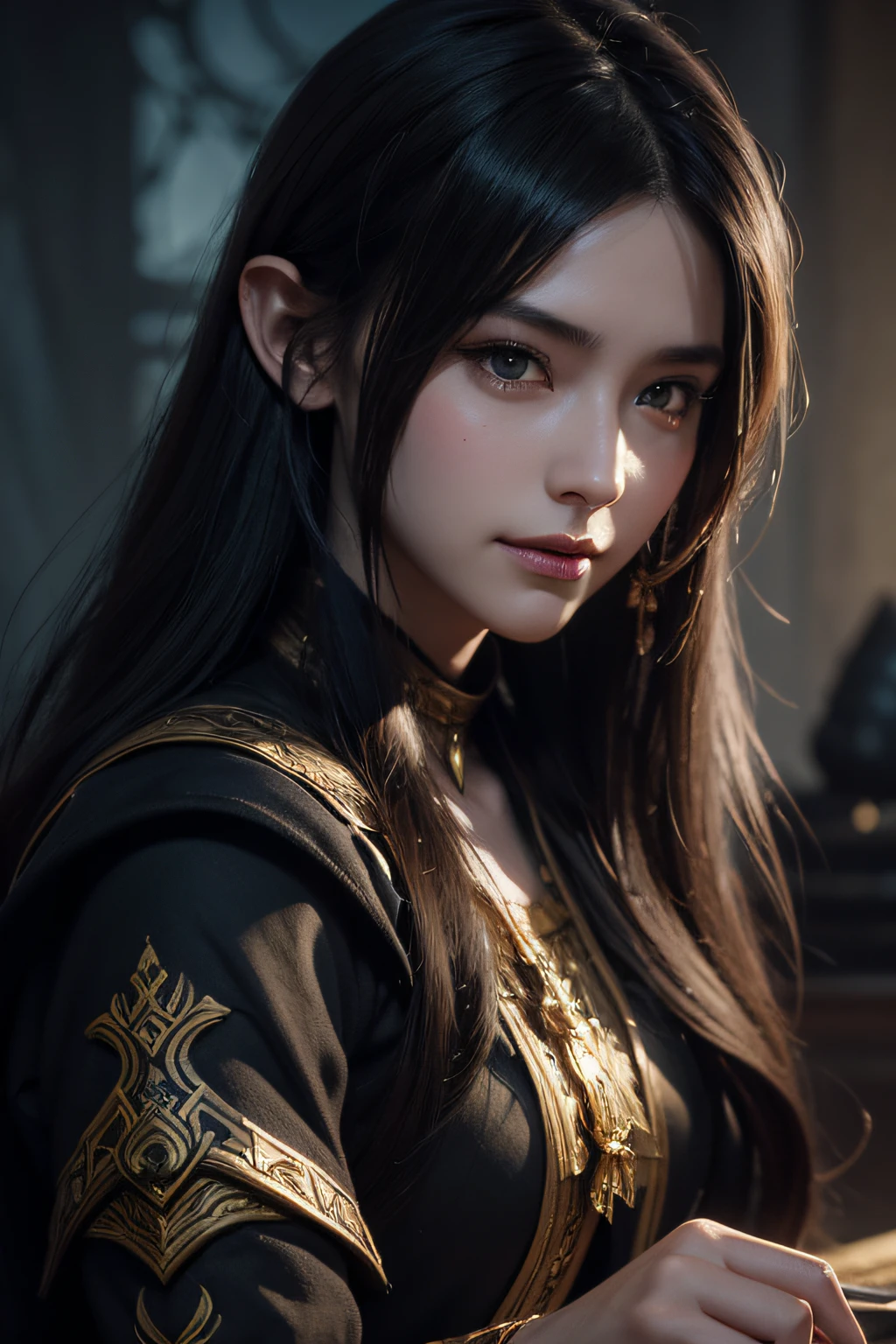 Best Quality,masutepiece,Masterpiece Portrait,Intricate details,Epic Light,Fantasy,Dungeons & dragons,Retro,Priest,Dark Elves,1girl in,Wooden table,Gray skin,Elegant smile,Squint,Close up portrait of Mycenaean woman drow wearing golden jewelry, arachnid:0.9, website:1.0, Fantasy, Volumetric lighting, Concept art, brush stroke style, art  stations, trending, Highly detailed, art by greg rutkowski、Black theme、
