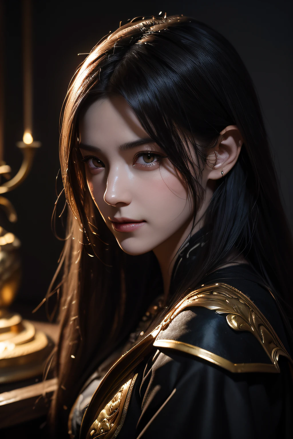 Best Quality,masutepiece,Masterpiece Portrait,Intricate details,Epic Light,Fantasy,Dungeons & dragons,Retro,Priest,Dark Elves,1girl in,Wooden table,Gray skin,Elegant smile,Squint,Close up portrait of Mycenaean woman drow wearing golden jewelry, arachnid:0.9, website:1.0, Fantasy, Volumetric lighting, Concept art, brush stroke style, art stations, trending, Highly detailed, art by greg rutkowski、Black theme、