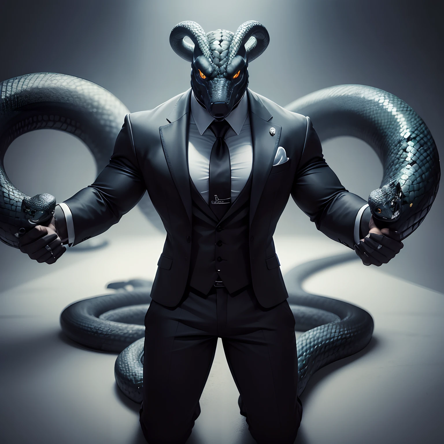 Humanoid snake muscled , with a snake's head black with a tail with 2 huge arms , in suit with a tie , full body