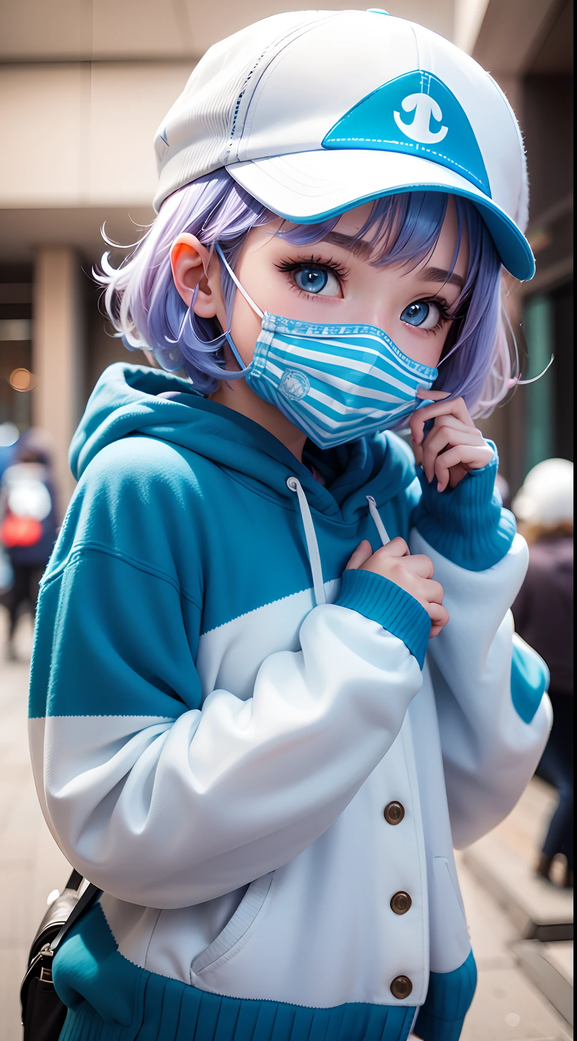 cute girl portrait, fluffy, short hair , hair coloured white and blue, cap hat, three layer flexible knited face mask