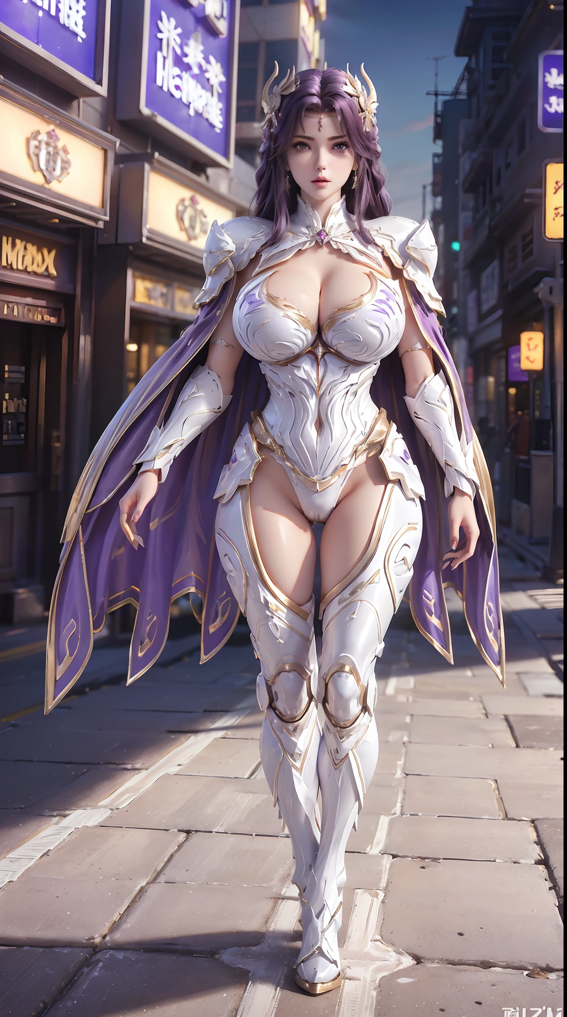 1GIRL, SOLO, (brown hair, hair ornament), (HUGE FAKE BOOBS:1.3), (white, purple, gold, FUTURISTIC DRAGON MECHA ARMOR SUIT, ROYAL CAPE, CLEAVAGE:1.5), (SKINTIGHT YOGA PANTS, HIGH HEELS:1.2), (NSFW GLAMOROUS BODY, SEXY LONG LEGS, FULL BODY:1.3), (FROM FRONT, LOOKING AT VIEWER:1), (WALKING DOWN ON STREET NIGHT CITY:1.3), PHYSICALLY-BASED RENDERING, ULTRA HIGHT DEFINITION, 8K, 1080P.