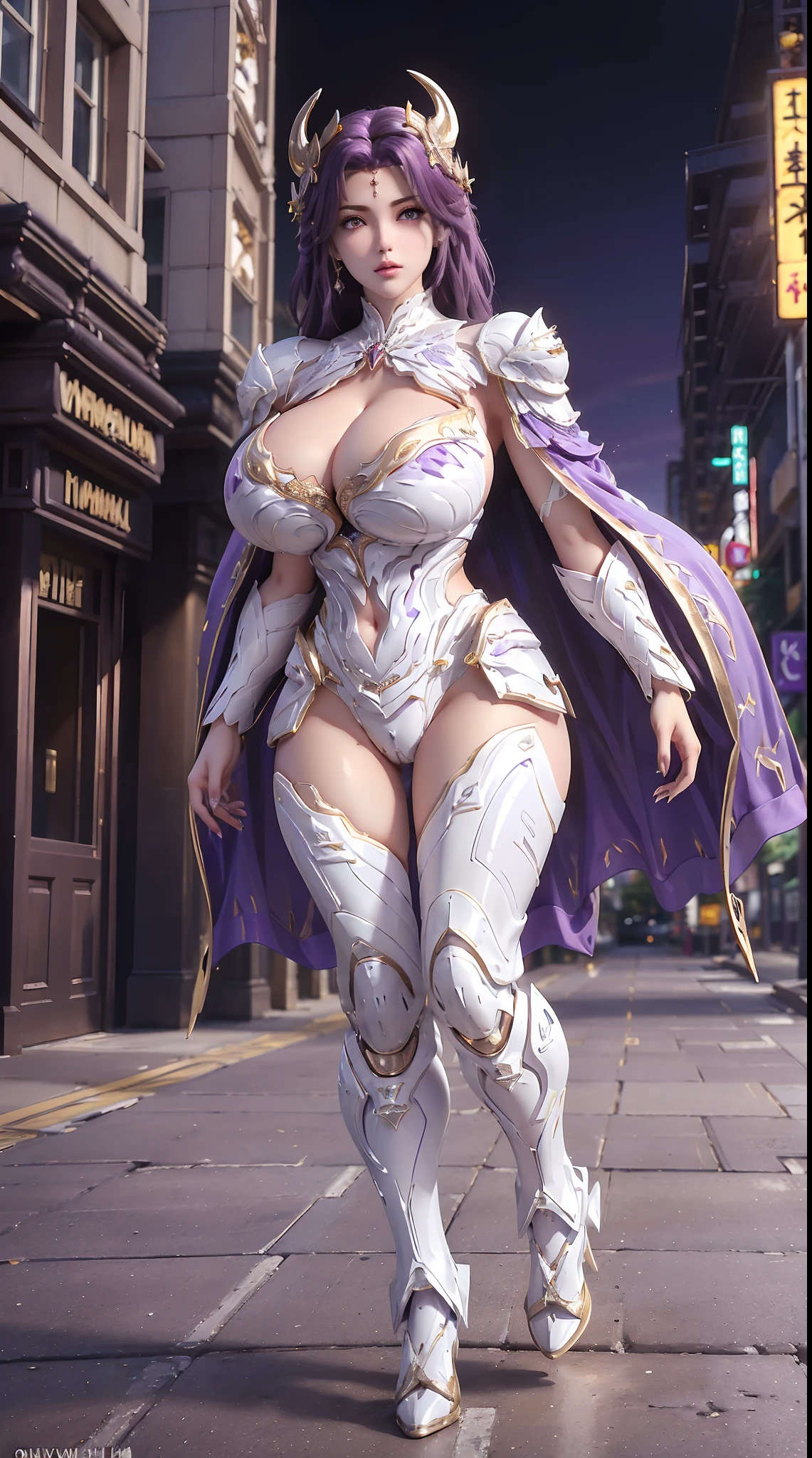 1GIRL, SOLO, (brown hair, hair ornament), (HUGE FAKE BOOBS:1.3), (white, purple, gold, FUTURISTIC DRAGON MECHA ARMOR SUIT, ROYAL CAPE, CLEAVAGE:1.5), (SKINTIGHT YOGA PANTS, HIGH HEELS:1.2), (NSFW GLAMOROUS BODY, SEXY LONG LEGS, FULL BODY:1.3), (FROM FRONT, LOOKING AT VIEWER:1), (WALKING DOWN ON STREET NIGHT CITY:1.3), PHYSICALLY-BASED RENDERING, ULTRA HIGHT DEFINITION, 8K, 1080P.