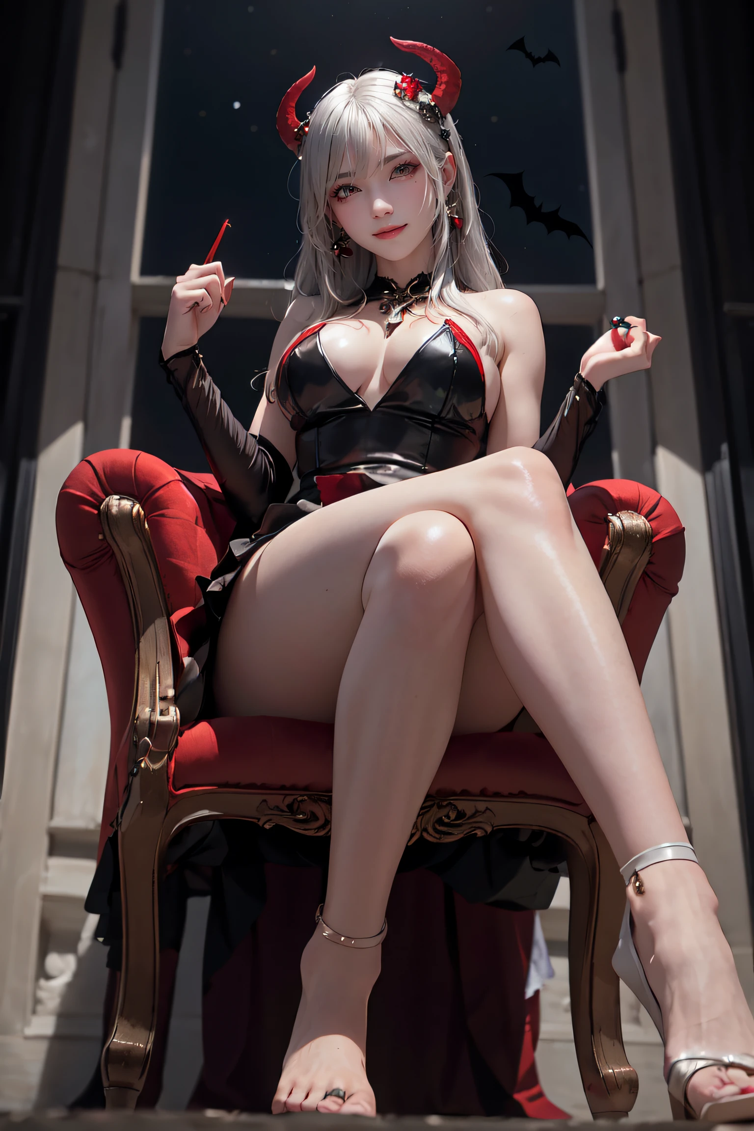 masterpiece, top-quality, top-quality, Beautifully Aesthetic:1.2, 1girl, Halloween night, Wearing a Luxury devil costume, high detailed, ((Red eyes:1.8)), Sitting on the Luxury chair with legs full opened, (large breasts, firm breast, nicely shaped breasts, slender figure), Thin legs, Thin feet,
((Gray hair, Red colored inner hair)), wavy hair, (medium hair:1.2), (asymmetrical bangs:1.2),
in the Halloween costume party venue at late night, (Full body shot:1.1), (From below:1.2),