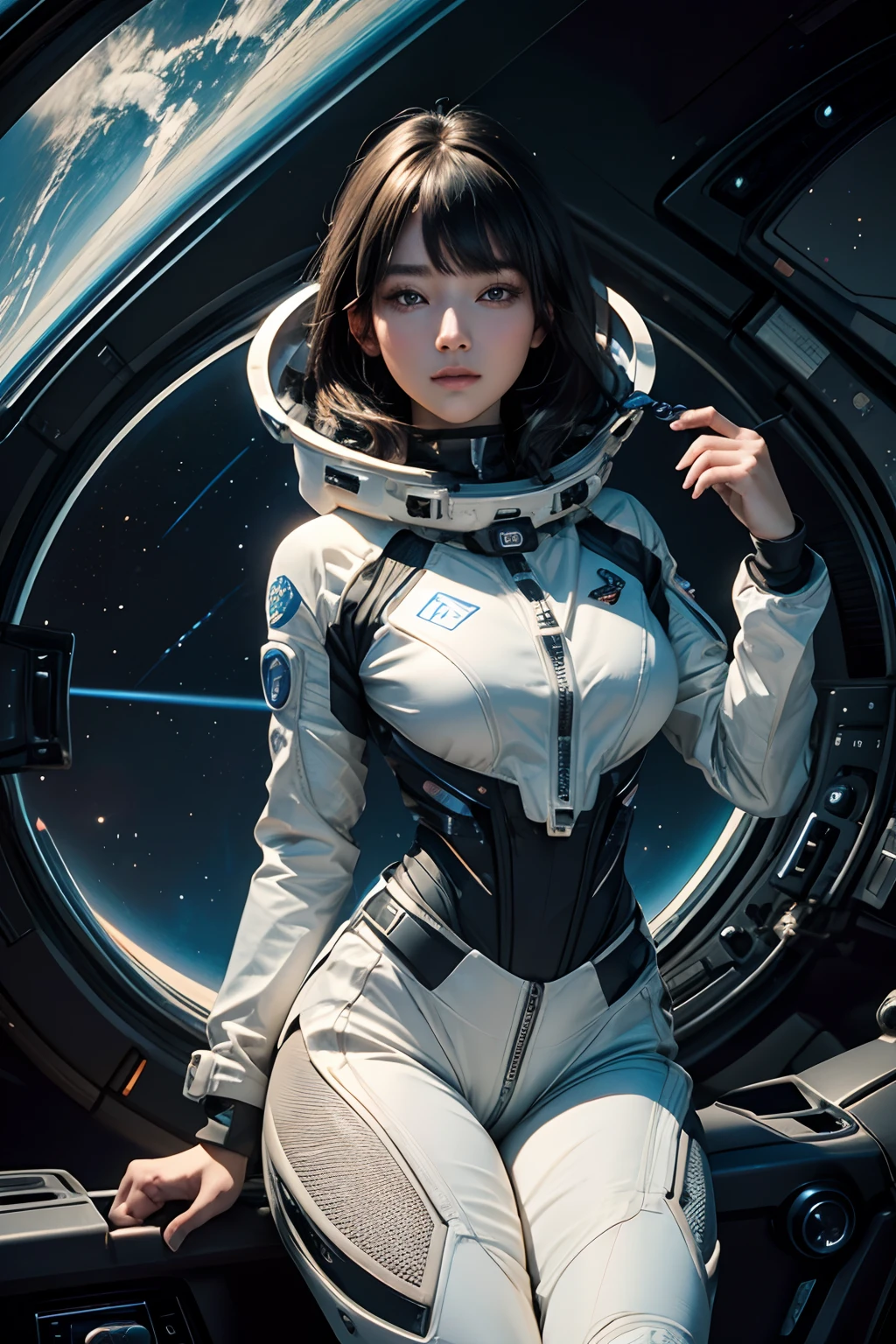 One Beautiful Woman。A dark-haired。Detailed depiction of the face。Beautiful double eyes。Well-formed face。Wearing a spacesuit。Disk-shaped vehicle in the background。８K image quality。Masterpiece。