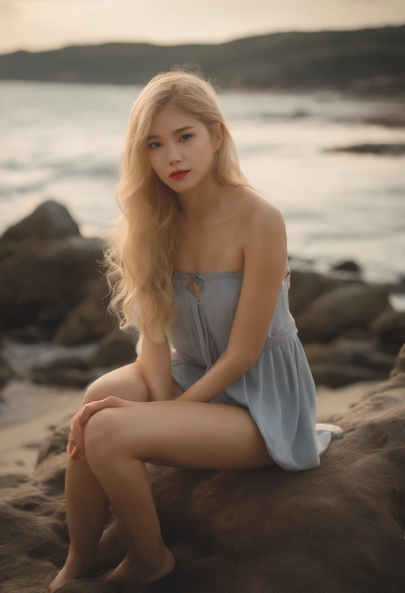 Blonde schoolgirl、Fair skin and short stature。Sitting naked on the seaside