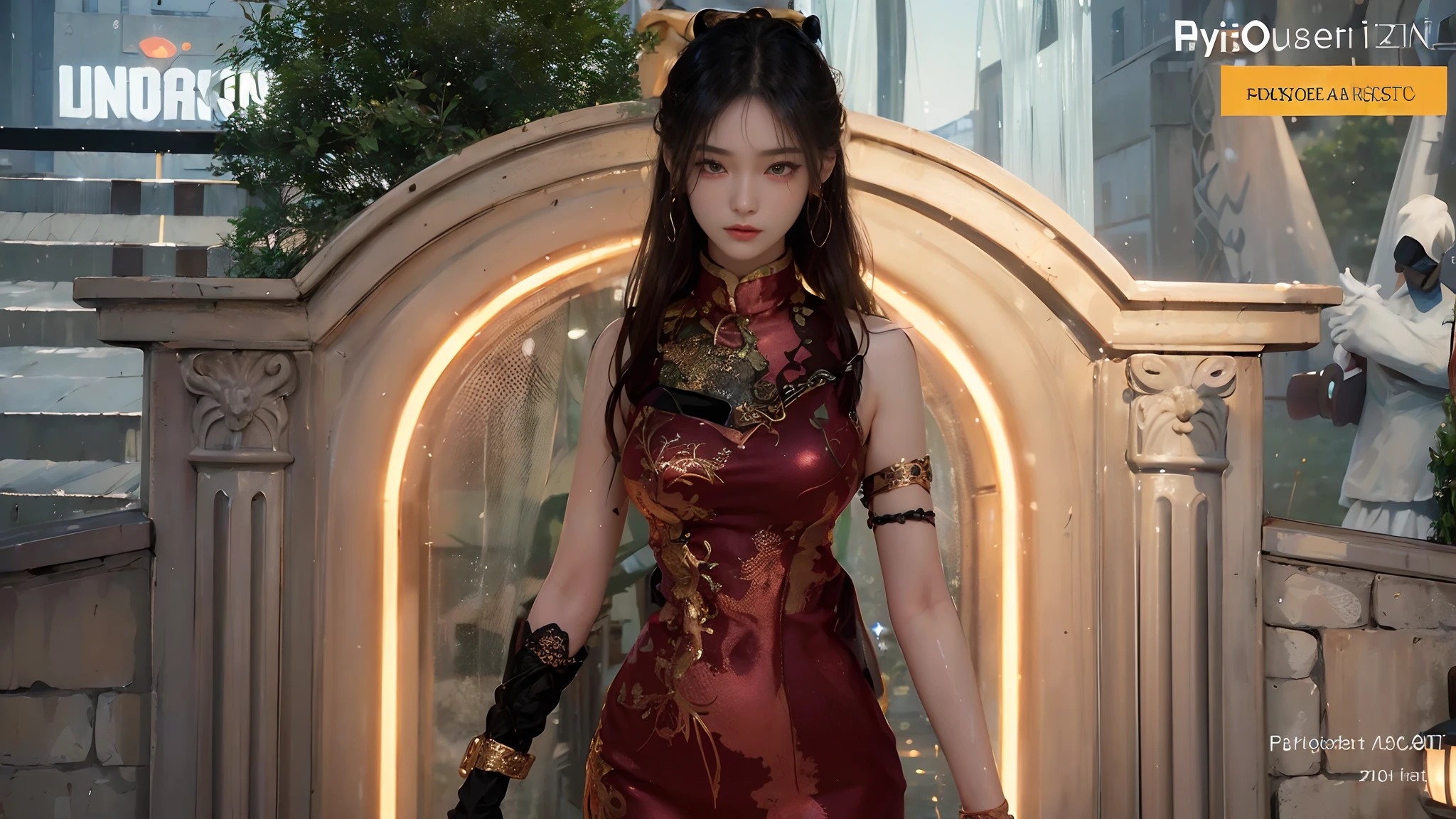(Best quality, 8k, Masterpiece :1.3), (realistic, photorealistic: 1.37), (1girl), (Pretty woman in her 20s), (slim), (emphasizing slender abs :1.3), (korean girl),hold gun detailed,(random pose), (wet body), (long hair, random hairstyle), (large breasts :1.3), (outdoors), (Ultra-detailed face), (Detailed eyes), (Double eyelids), (eyeshadow intensifying), (many eyelashes), (long legs), (professional lighting), (photon mapping), (radiosity), (looking directly at viewer)