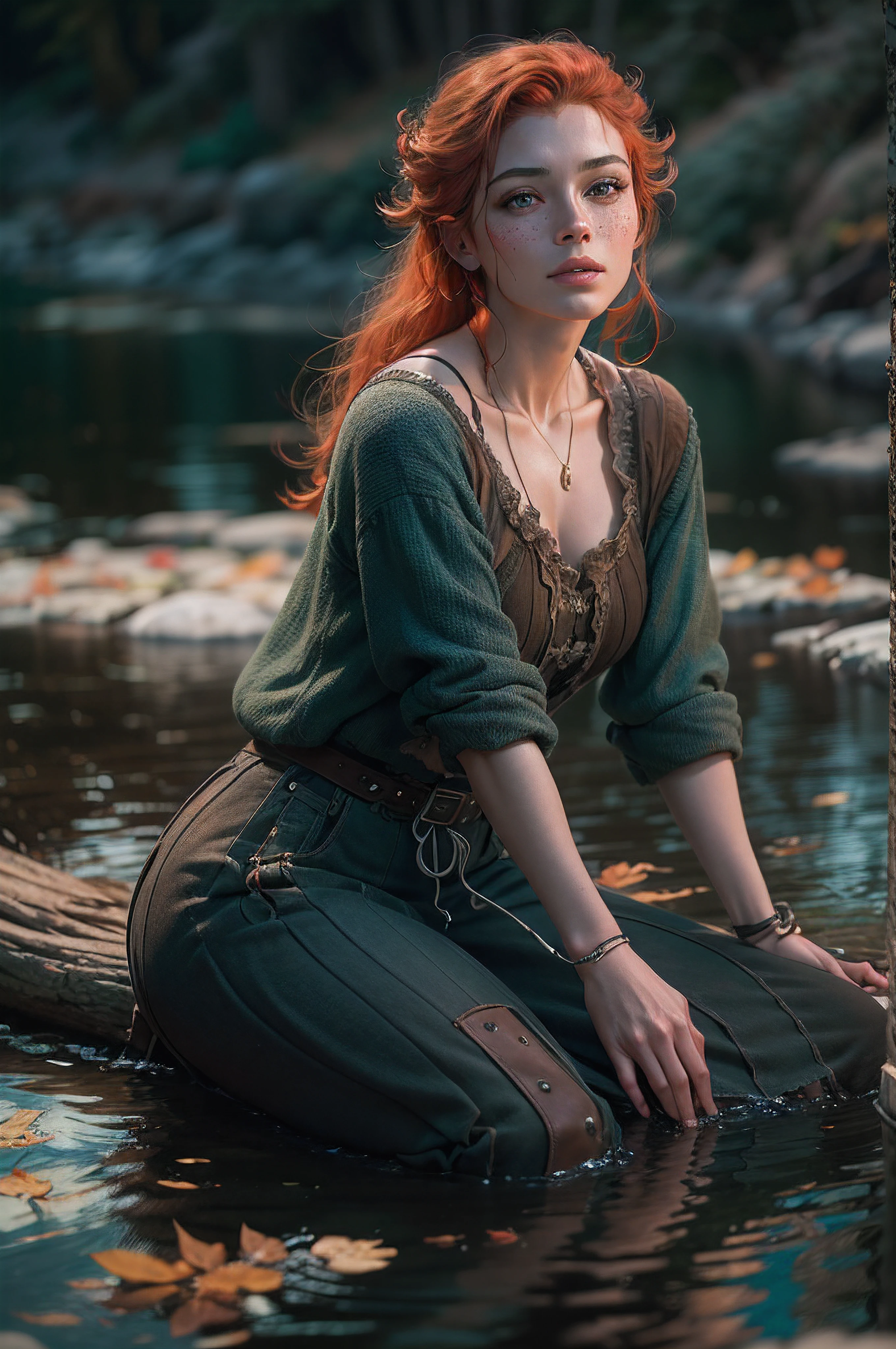 Masterpiece, (((full figure supermodel, full body shot, entire body in frame))), (((magical lighting action shot))) (((beautiful redhead fit pale smiling goddess Scottish woman kneeling in river garden in a park, arms covering flat chest, arms across small chest, arms folded))), (((micro outfit, looking into the camera))) , ((( redhead hair, accurate hands accurate eyes))) moody lighting, very detailed, dramatic lighting, digital art trending on Artstation 8k HD high definition detailed realistic, detailed, skin texture, hyper detailed, realistic skin texture, armature, best quality, ultra high res, (photorealistic:1.4), high resolution, detailed, raw photo, sharp re, nikon d850 film stock photograph 4 kodak portra 400 camera f1.6 lens rich colors hyper realistic lifelike texture dramatic lighting unrealengine trending on artstation cinestill 800, (((accurate female anatomy, perfect eyes))) (((500px, fstoppers, photosight.ru, iso noise))) portrait of beautiful women, looking over spruce forest, moody portrait, striking features, beauty, intricate details, dramatic composition, tension, wispy hair, blue eyes, contrast, texture, realism, high-quality rendering, stunning art, high quality, film grain, Fujifilm XT3, acne, blemishes, detailed skin, freckled