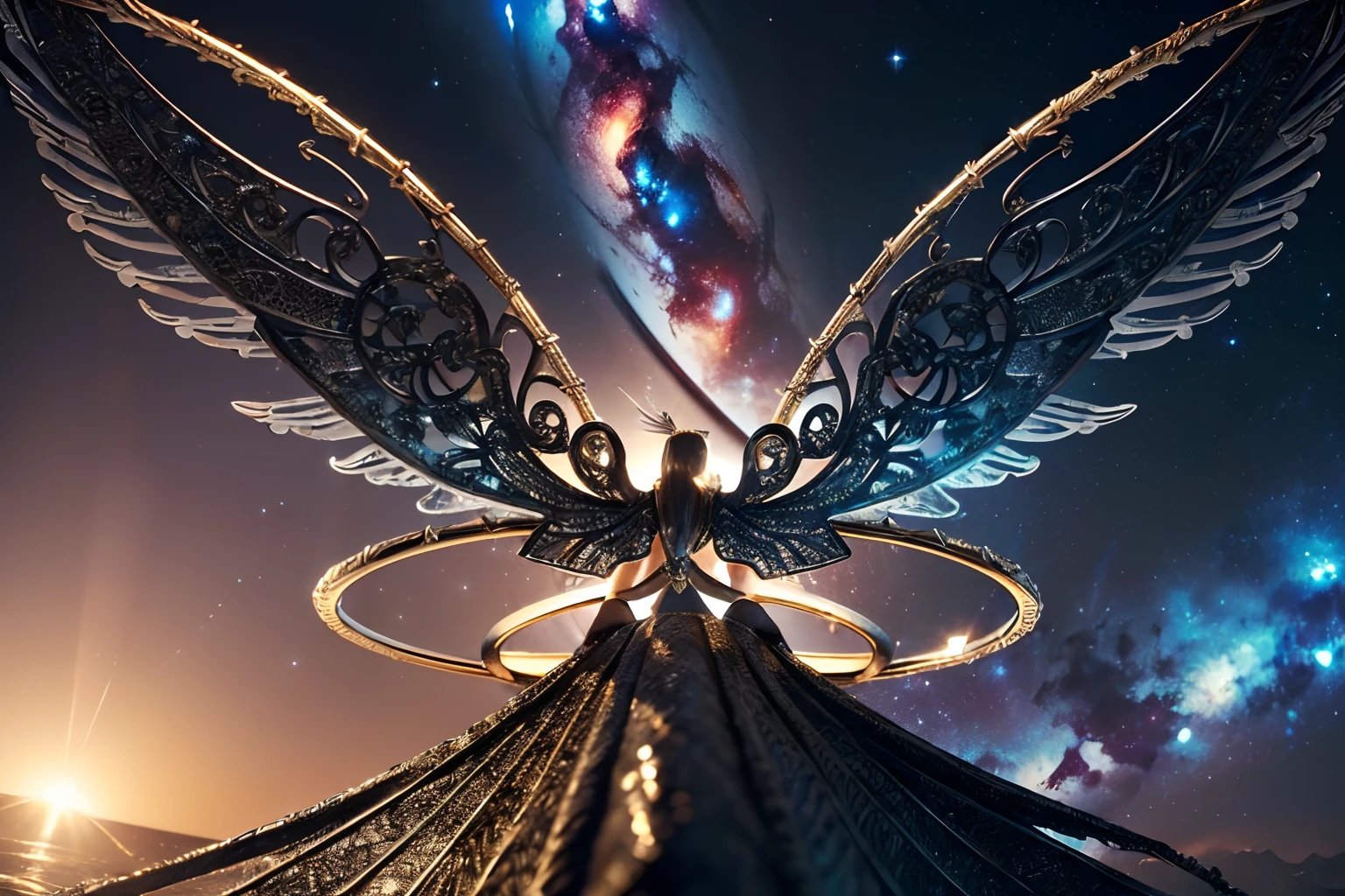 (((fused metal texture ring of finger ring and wings with center position:1.3))), (((floating in the sky))), eternal fantasy, (galaxy black hole background:1.3), ((from below:1.2)), beautiful detailed glow, soft shadow, masterpiece captures every detail and nuance, intricate insane details, all captured in sharp focus, rendered in stunning 32k resolution, cinematic angle, breathtaking beauty texture, ((sharp features and impeccable details rendered, beautiful:1.3)), (very intricate detailed smooth:1.3), very intricate detailed texture, very intricate detailed detail, extremely highest quality, highest quality, best quality,