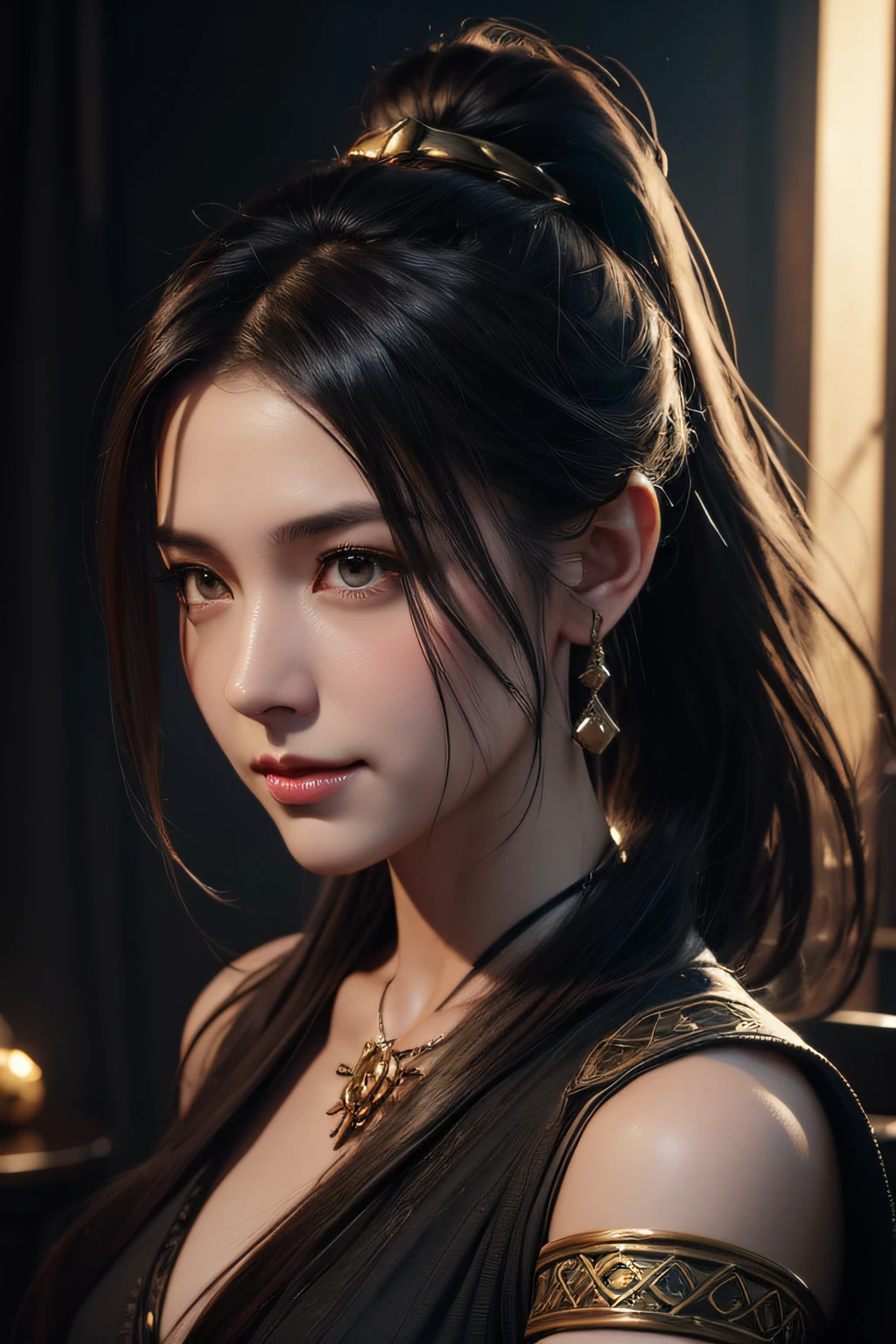 Best Quality,masutepiece,Masterpiece Body Portrait,Intricate details,Epic Light,Fantasy,Dungeons & dragons,Retro,Priest,Dark Elves,1girl in,Wooden table,Gray skin,Elegant smile,Squint,Close up portrait of Mycenaean woman drow wearing golden jewelry, arachnid:0.9, website:1.0, Fantasy, Volumetric lighting, Concept art, brush stroke style, art  stations, trending, Highly detailed, art by greg rutkowski、Black theme、Body Portrait、Thick ponytail、