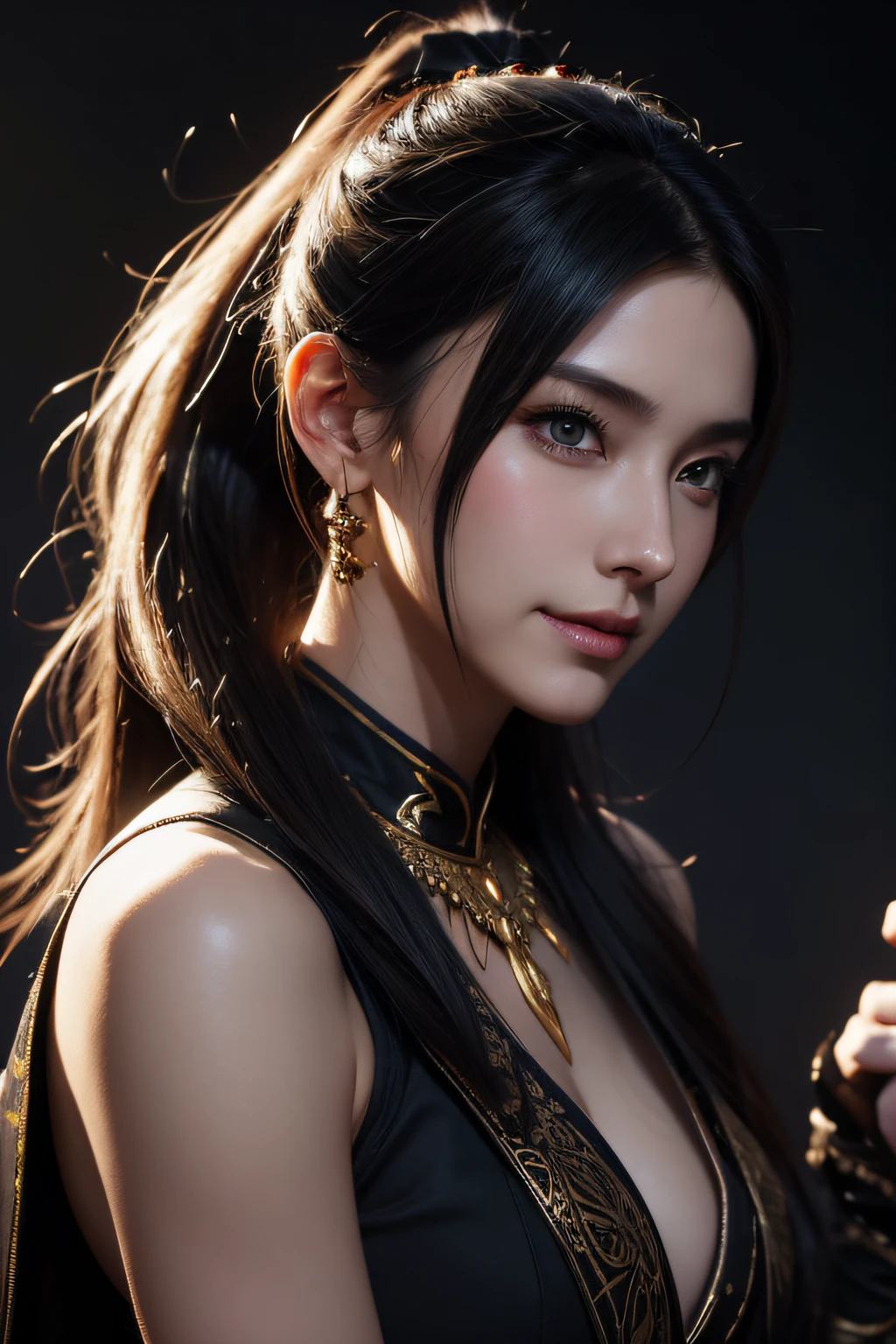 Best Quality,masutepiece,Masterpiece Body Portrait,Intricate details,Epic Light,Fantasy,Dungeons & dragons,Retro,Priest,Dark Elves,1girl in,Wooden table,Gray skin,Elegant smile,Squint,Close up portrait of Mycenaean woman drow wearing golden jewelry, arachnid:0.9, website:1.0, Fantasy, Volumetric lighting, Concept art, brush stroke style, art  stations, trending, Highly detailed, art by greg rutkowski、Black theme、Body Portrait、Thick ponytail、