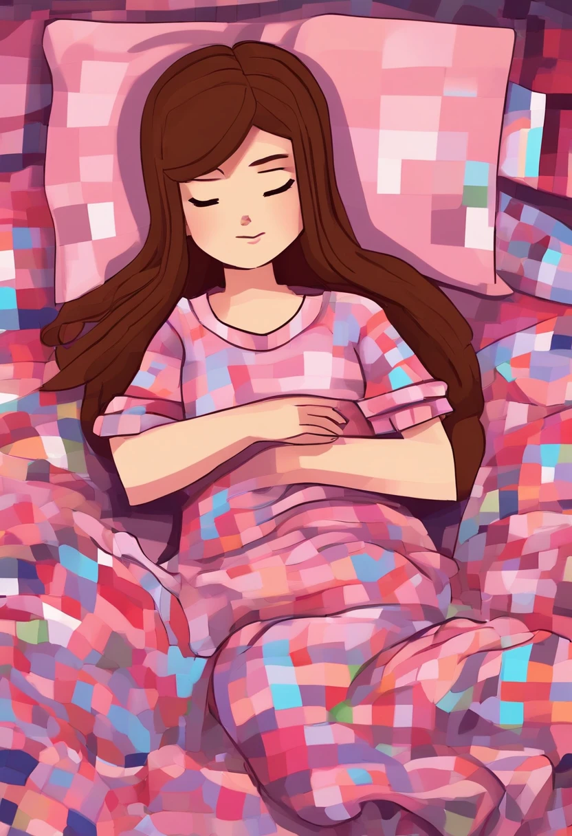 Sleeping girl, 22 years old, realista, Lleva un pijama largo rosa, brown hair.