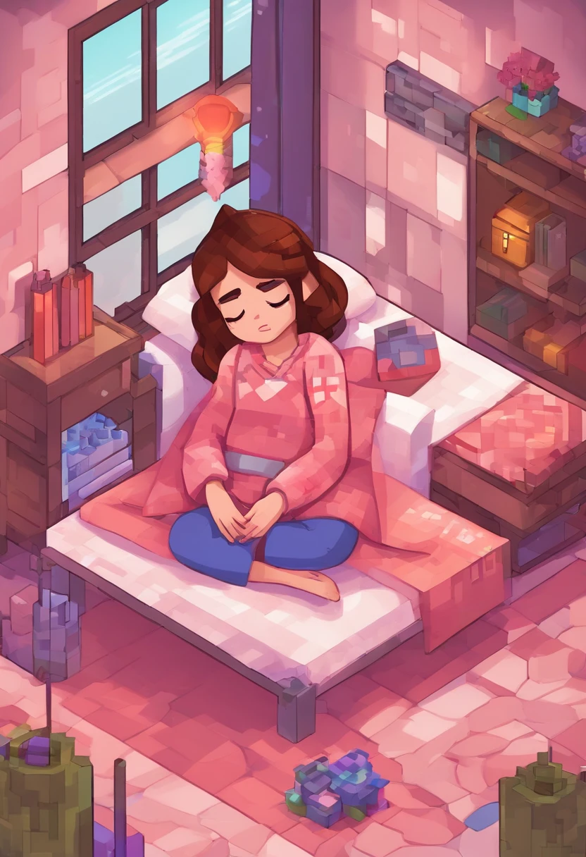 Sleeping girl, 22 years old, realista, Lleva un pijama largo rosa, brown hair.