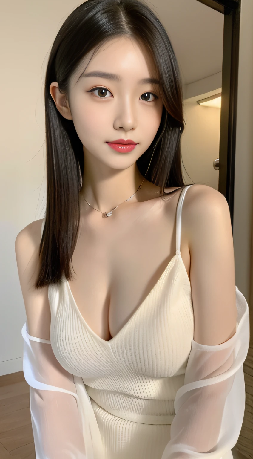 ((Top Quality, 8K, masterpiece: 1.3)), 1woman, 20yo, Korean female idols: 1.5, Slender abs beauty: 1.3, (Hairstyle casual, large full breasts: 1.1), S-line body, Full Makeup: 1.1, The dress:1.3, Ultra-fine face, A detailed eye, Double eyelidd, Location Random: 1:2