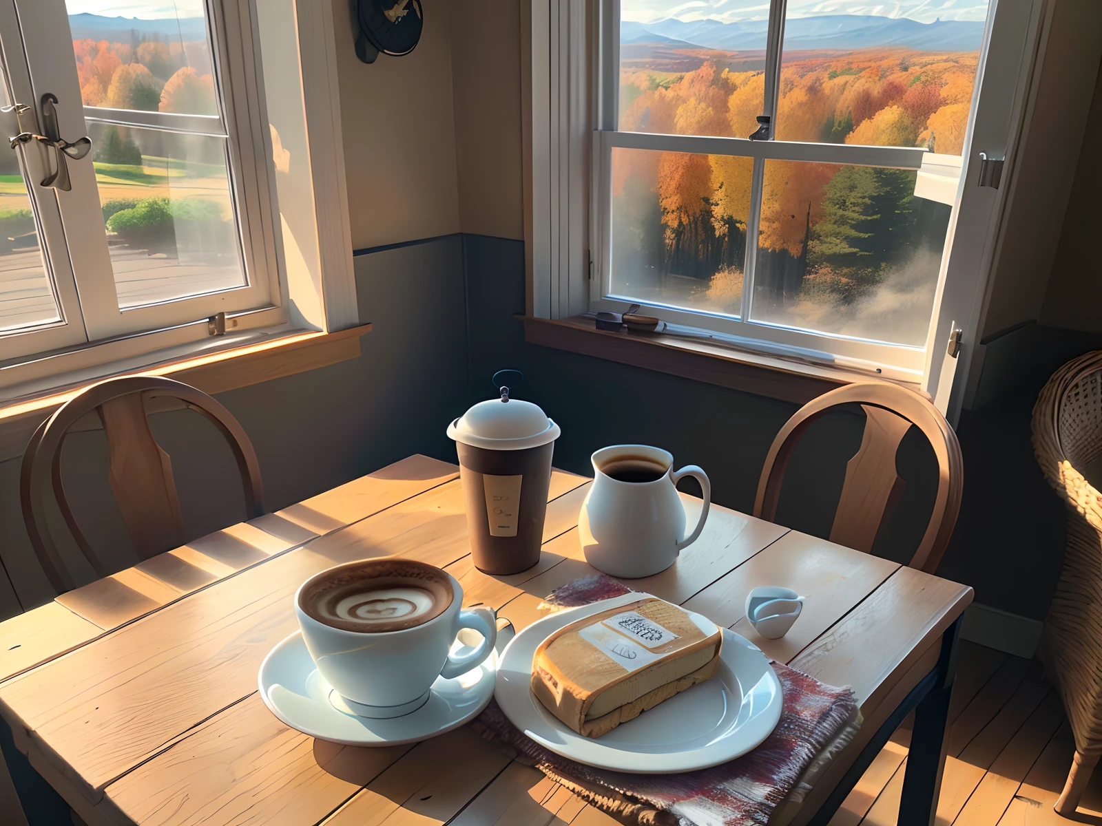 There is a package of coffee on the table, Next to it is a mug of ready-made coffee with smoke, Against the background of an open window, Sun light, Autumn landscape in the window Near the table wicker armchair, On the chair lies a plate