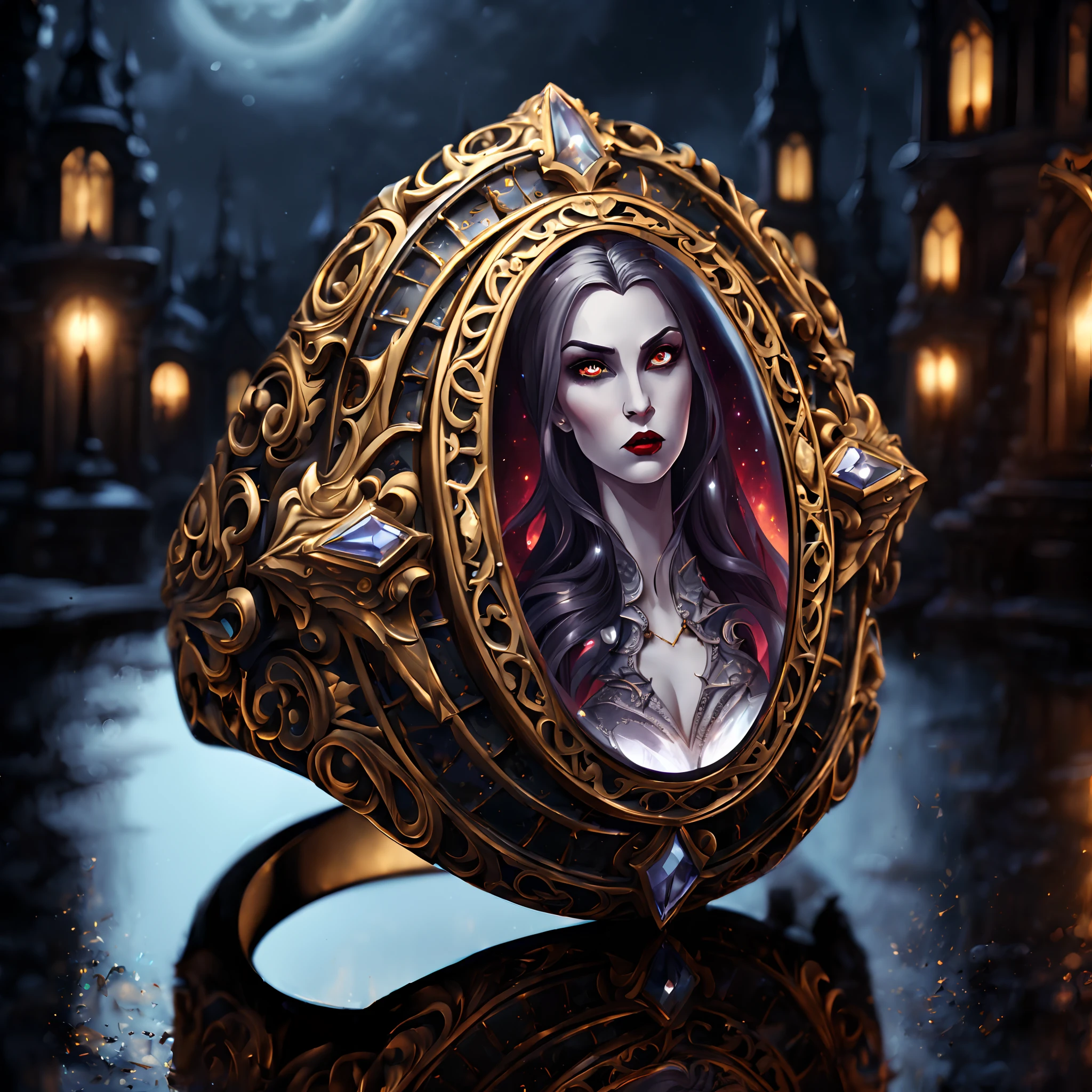 (epic cartoon painting), (majestic ring:1.3) (with intricate vampire queen engravings on it:1.3), rich ornate patterns, (metallic reflection:1.2), (gothic night background:1.4)