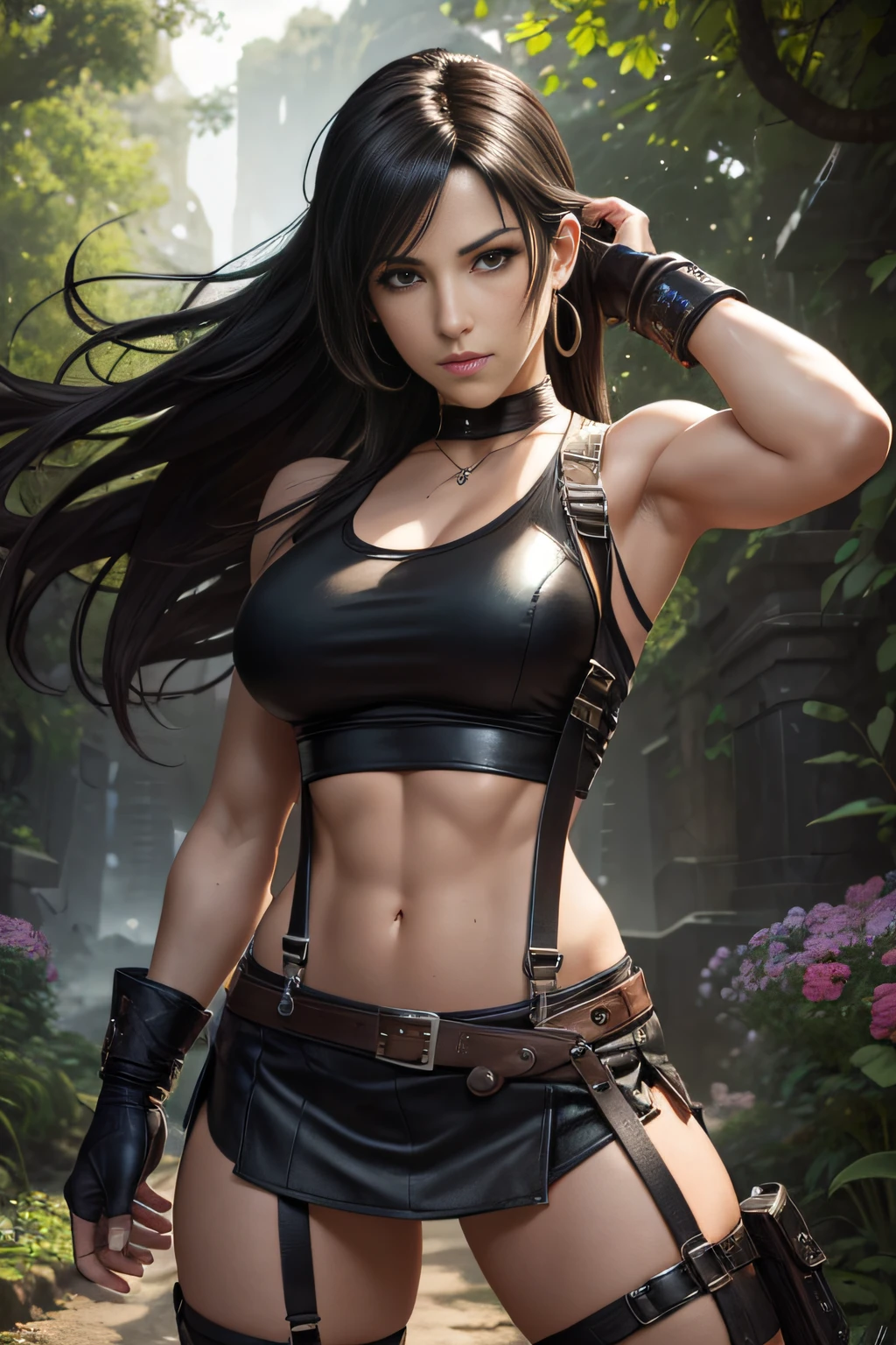 The best one,Tifa,Tifa・Lockhart,Final Fantasy 7,FF7,Photorealistic,Ultra HD,high quality,masterpiece,Digital SLR,Detailed details,Intricate details,Anatomical basis,Depicted in detail,A detailed face,Realistic skin texture,Vivid details,Perfect Anatomy,Perfect Anatomy,Anatomically correct hand,Anatomically correct fingers,Super Detail,Complex 3D rendered sexy pose,Beautiful morning glory(flower),Rainy Sky,Beautiful scenery,Fantastic rainy sky,Picturesque,Pink Lips,smile,Fantastic butterflies々,