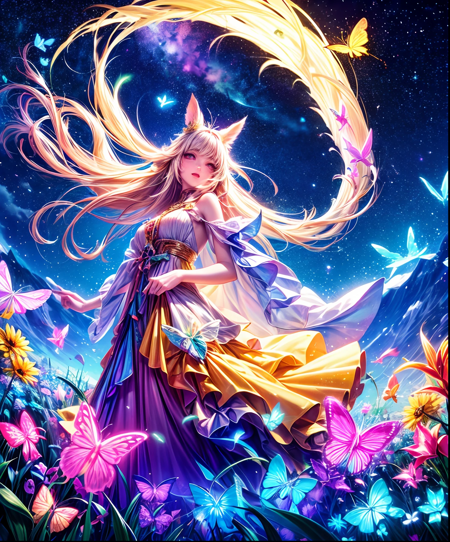 Cute girl characters、Iridescent grass々Drawing a butterfly flying over the water, Looking up at the starry sky. Surround her with colorful nebulae and colorful forests.