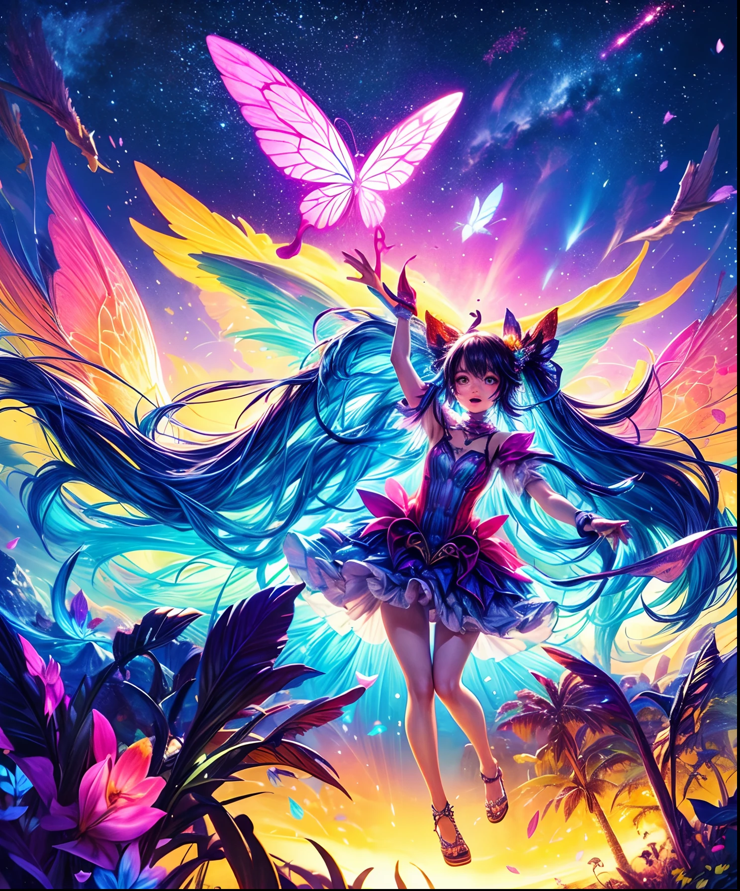 Cute girl characters、Iridescent grass々Drawing a butterfly flying over the water, Looking up at the starry sky. Surround her with colorful nebulae and colorful forests.