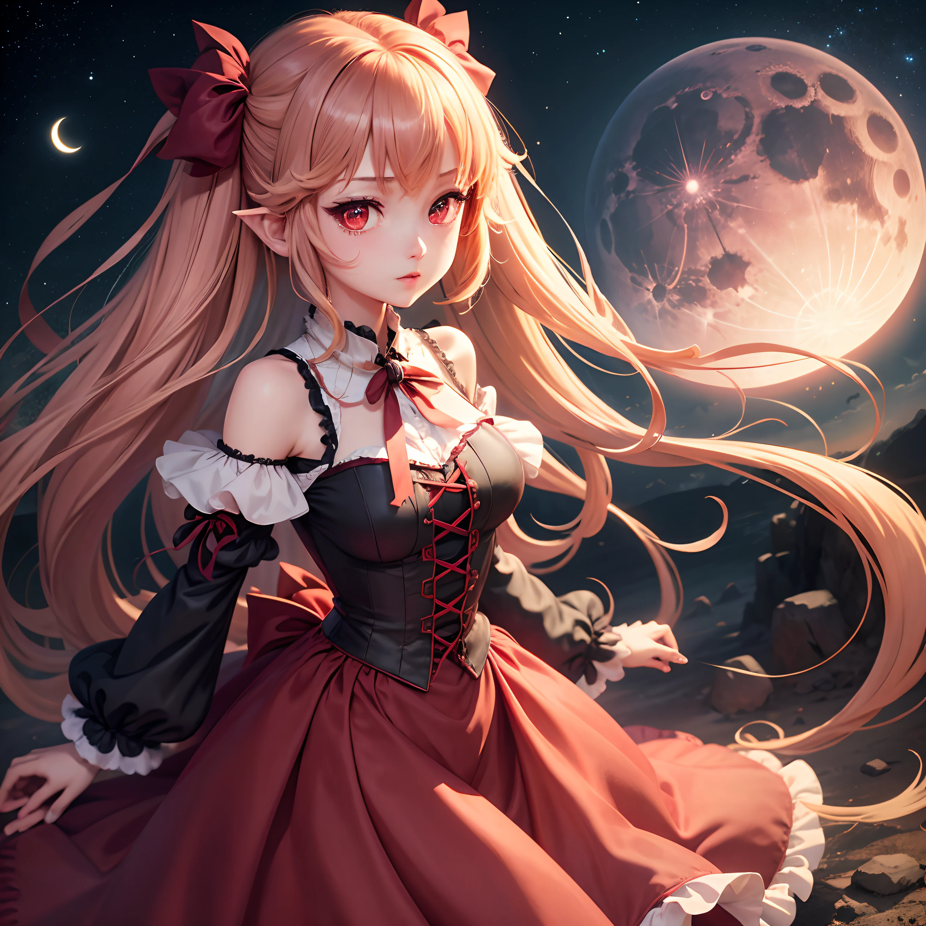 Deities々Right　年轻　Anime style　doress　top grade　top-quality　1 girl in　Illustrator　long  skirt　moon in background　Beautiful fece　mystical　Flandre Scarlet