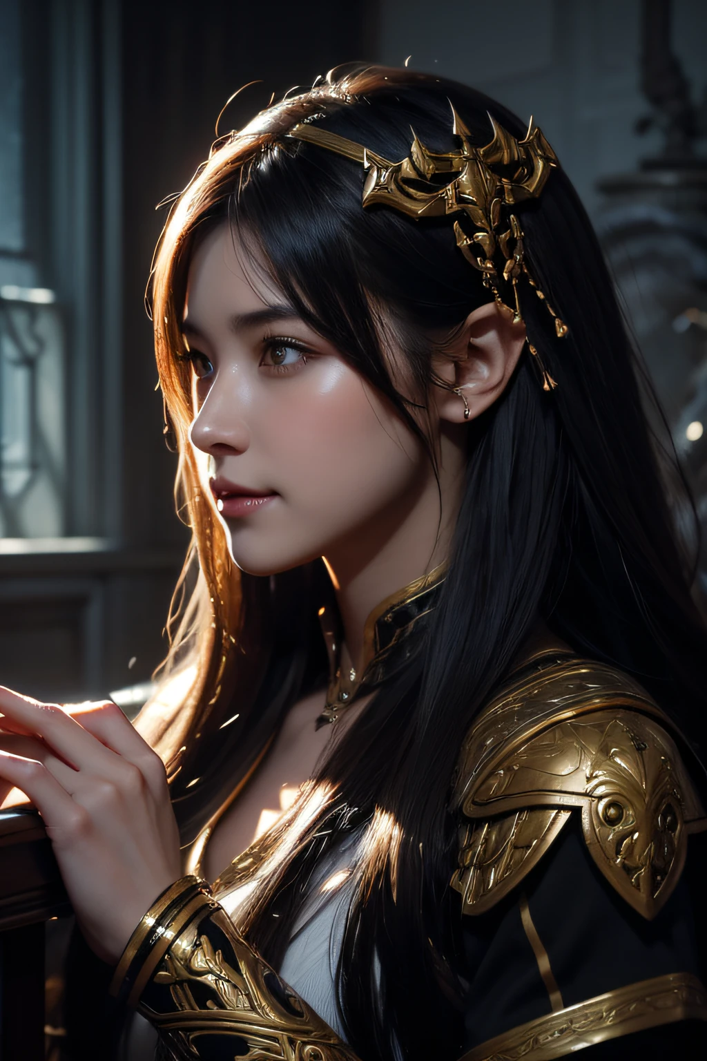 Body Portrait、Best Quality,masutepiece,Masterpiece Portrait,Intricate details,Epic Light,Fantasy,Dungeons & dragons,Retro,Priest,Dark Elves,1girl in,Wooden table,Gray skin,Elegant smile,Squint,Mycenaean woman wearing golden jewelry, arachnid:0.9, website:1.0, Fantasy, Volumetric lighting, Concept art, brush stroke style, art stations, trending, Highly detailed, art by greg rutkowski、Black theme、
