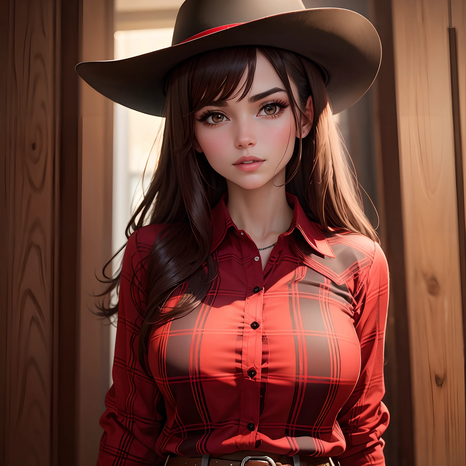 nsfw,1 cute girl (18yo) glasses, upper body, slim waist, small breast, sexy pose, ((topless)), naughty face, bangs, random hairstyle, cleavage, navel, collar, collarbone, off shoulder, seductive smile, wear intricately detail hot and sexy outfit, slutty cowboy costume, wear unique hat, body.