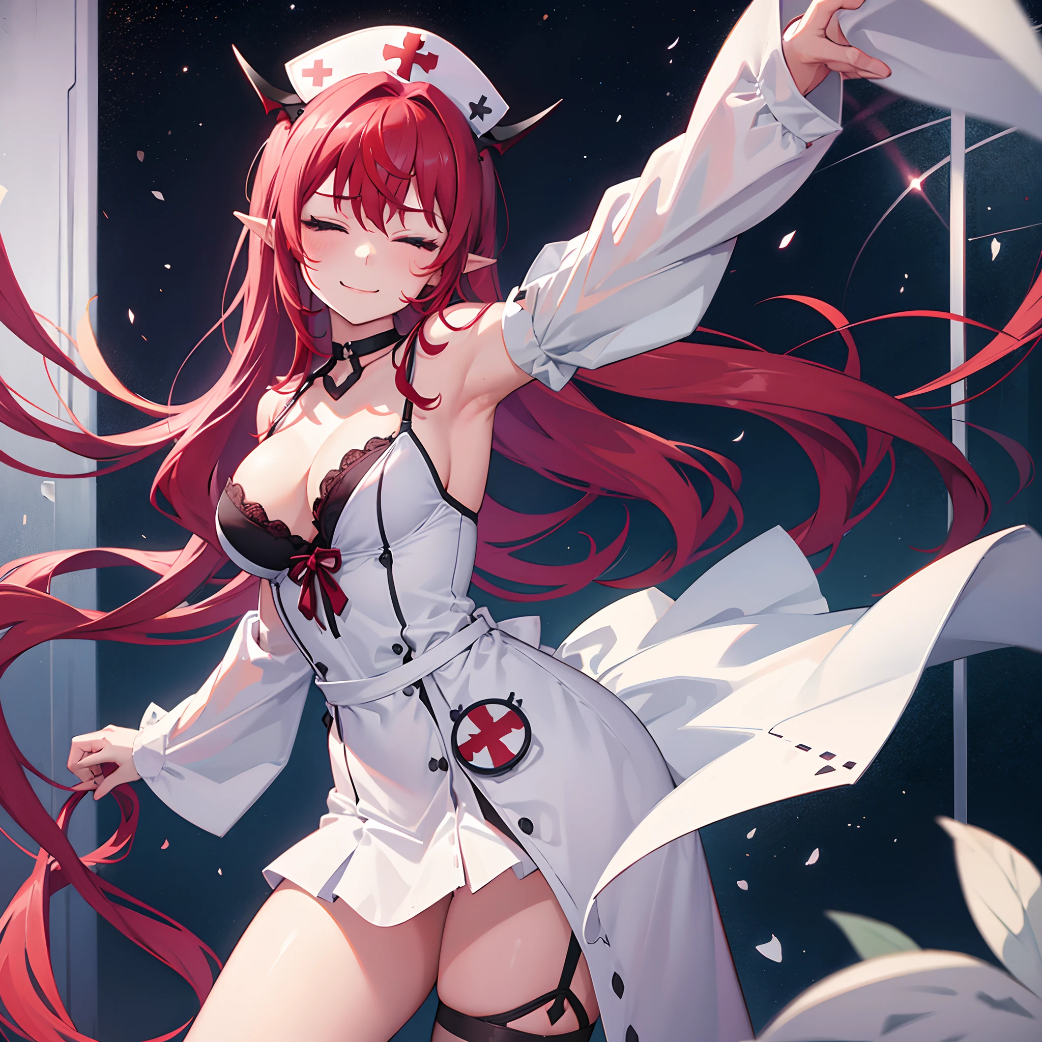 1 girl, solo, red hair, long straight hair, large breasts, nurse_dress, Irys, black head_wear, sexy legwear, V-neck, bra, corrupted, smirk, almost closed eyes